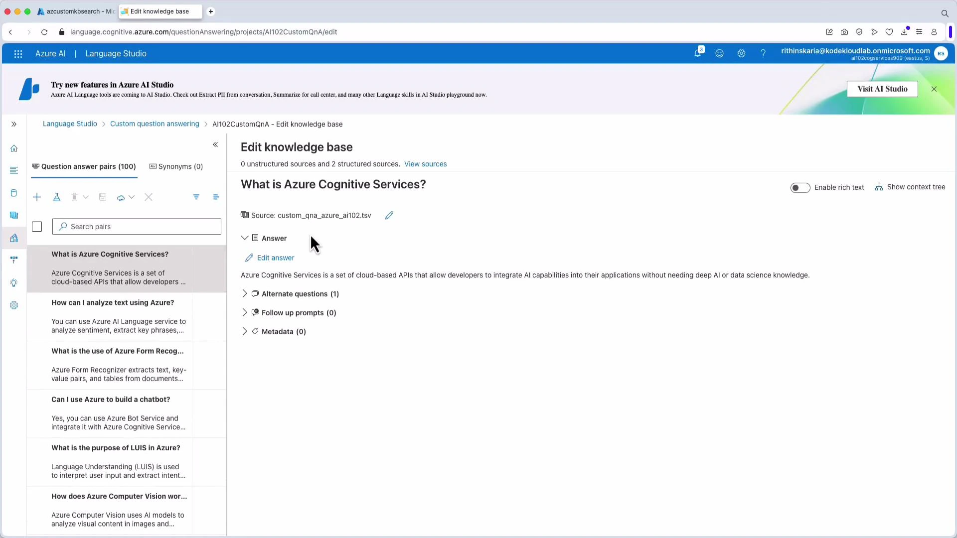Screenshot of the Azure Language Studio "Edit knowledge base" interface showing a Q&A entry for "What is Azure Cognitive Services?" with the answer displayed on the right and a list of other question-answer pairs in the left sidebar.