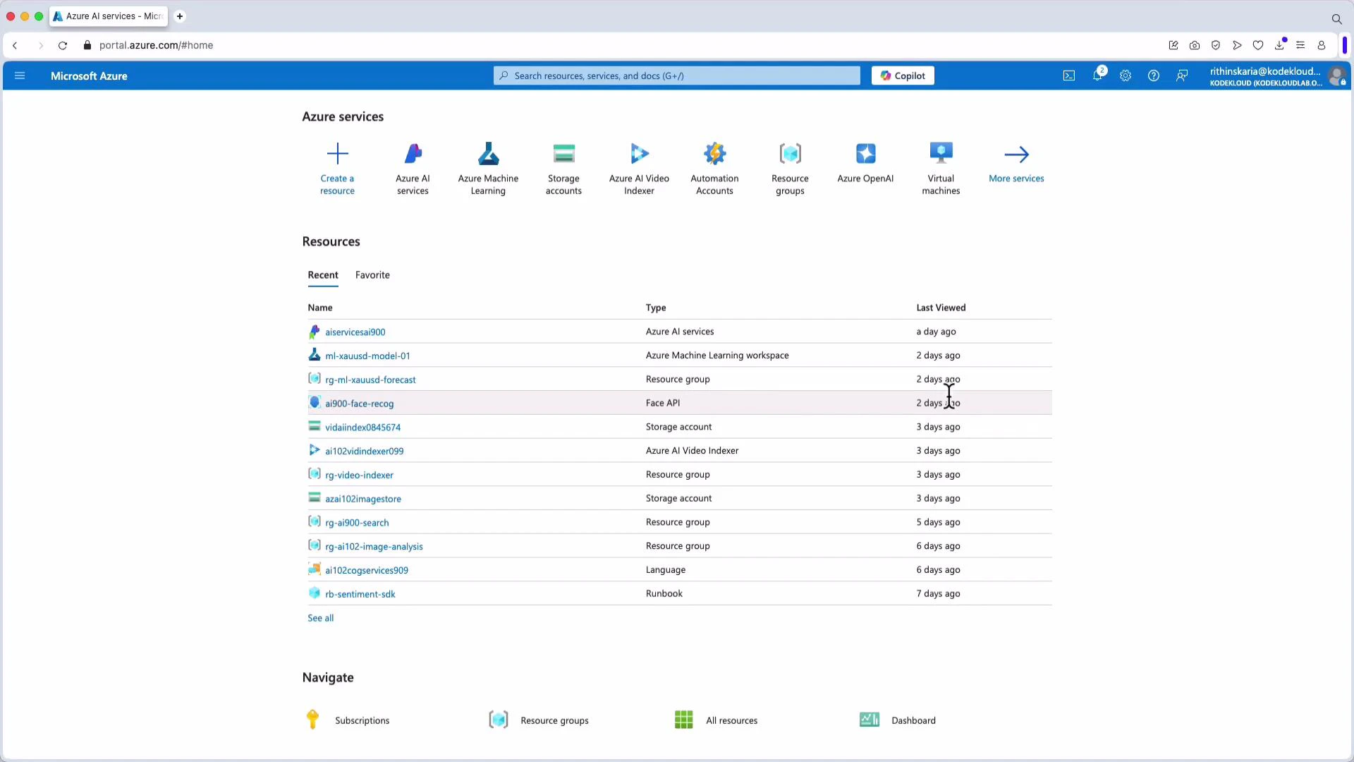 A screenshot of the Microsoft Azure portal showing the "Azure services" icons across the top and a "Resources" list with names, types, and last viewed timestamps. The page also includes navigation links and a search bar at the top.