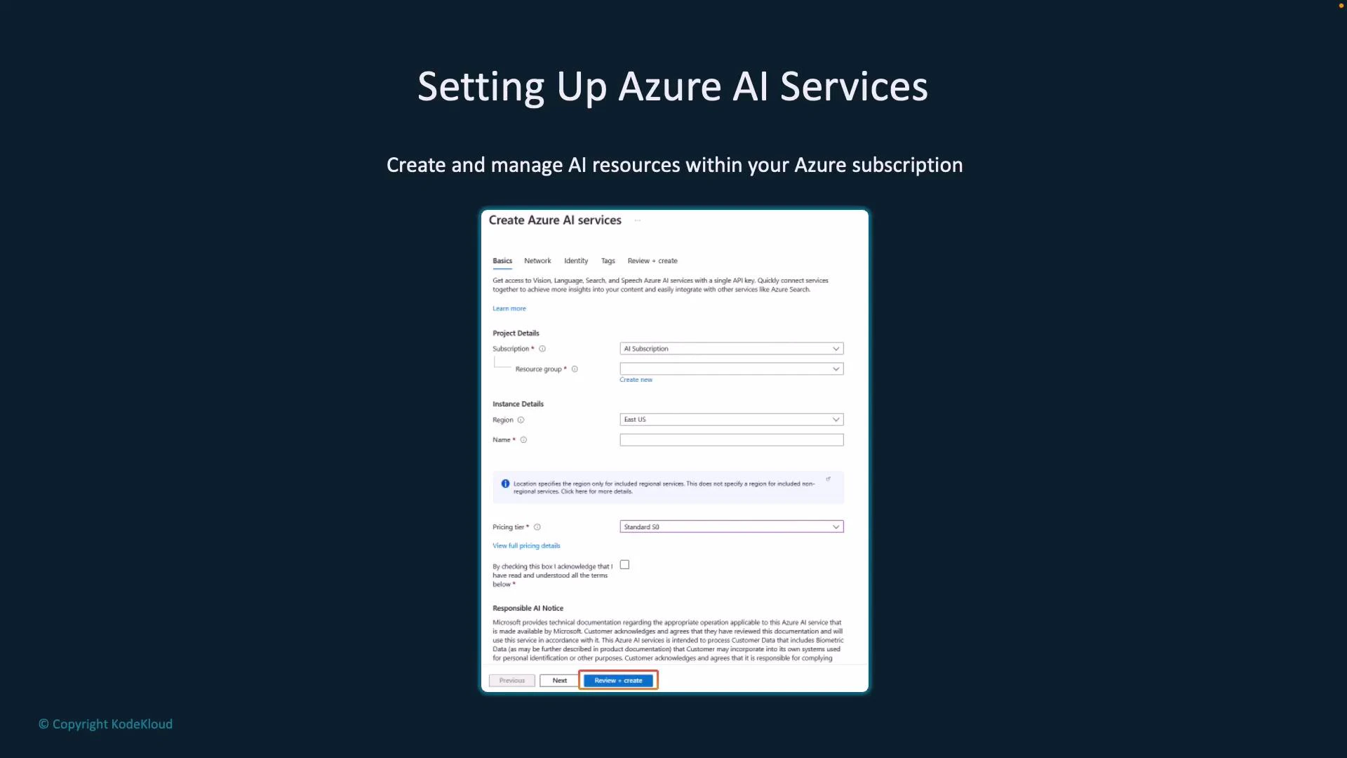A presentation slide titled "Setting Up Azure AI Services" showing a screenshot of the Azure portal "Create Azure AI services" form with fields for subscription, resource group, region, name, and pricing tier. The slide has a dark blue background and a small "© Copyright KodeKloud" note in the bottom left.