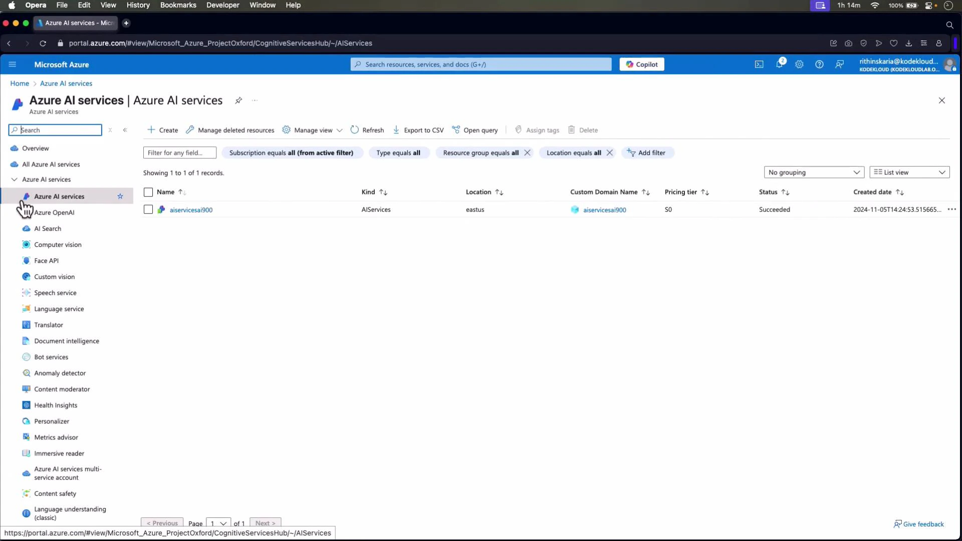 A screenshot of the Microsoft Azure portal showing the "Azure AI services" page, with a left-hand menu of AI service options and a single listed resource named "aiservicesai900" in the main pane.