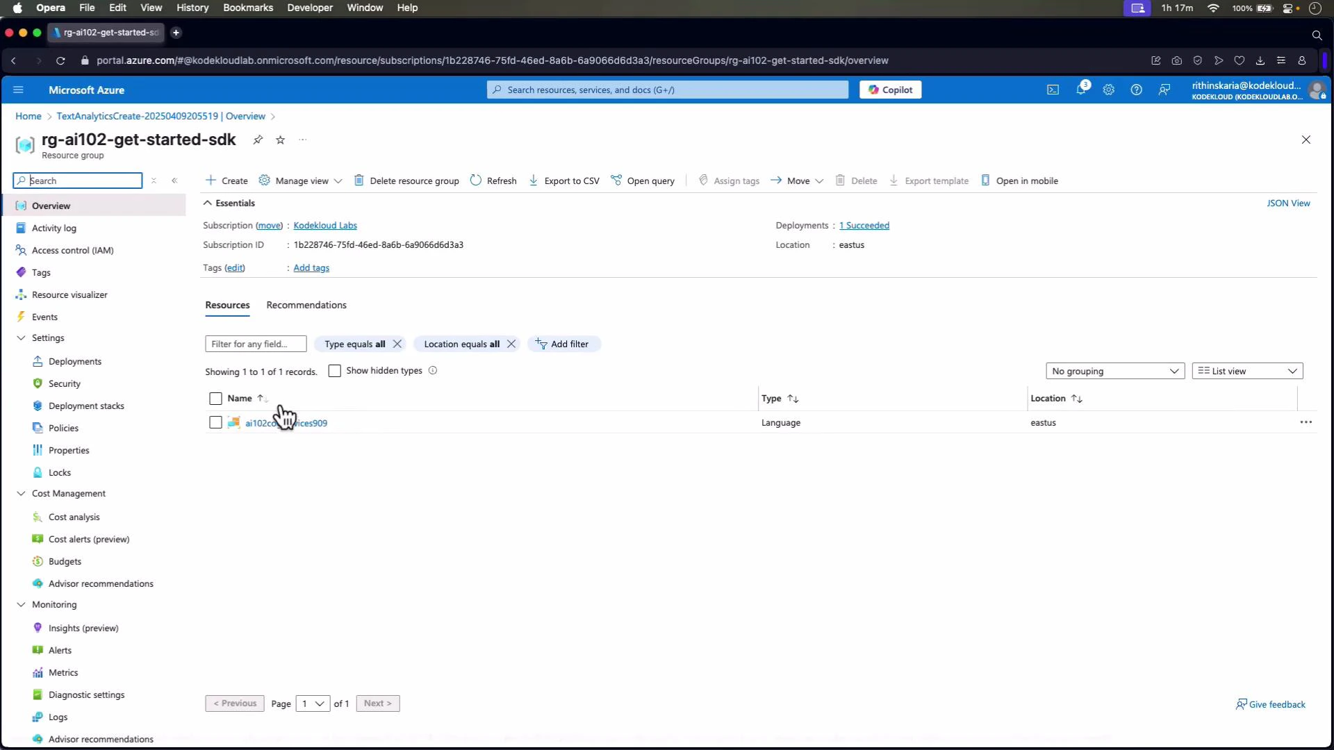 A screenshot of the Microsoft Azure portal showing the Overview page for a resource group named "rg-ai102-get-started-sdk." The page displays subscription details, filters and a single listed resource, plus the left-hand navigation menu with settings and monitoring options.