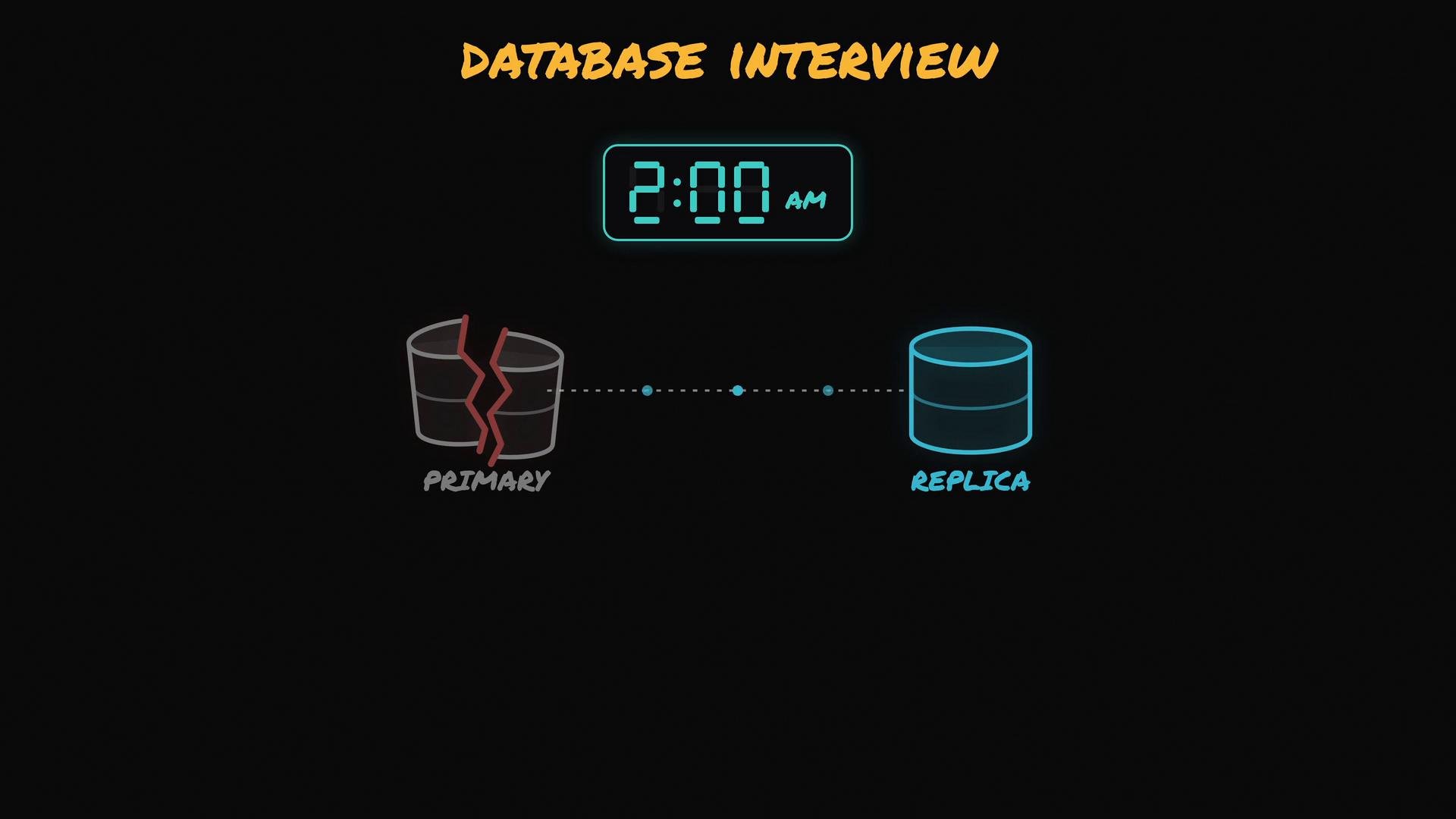 The image shows a stylized "DATABASE INTERVIEW" graphic with a digital clock reading 2:00 AM. Below it are two database icons connected by a dotted line: a cracked "PRIMARY" on the left and an intact "REPLICA" on the right.