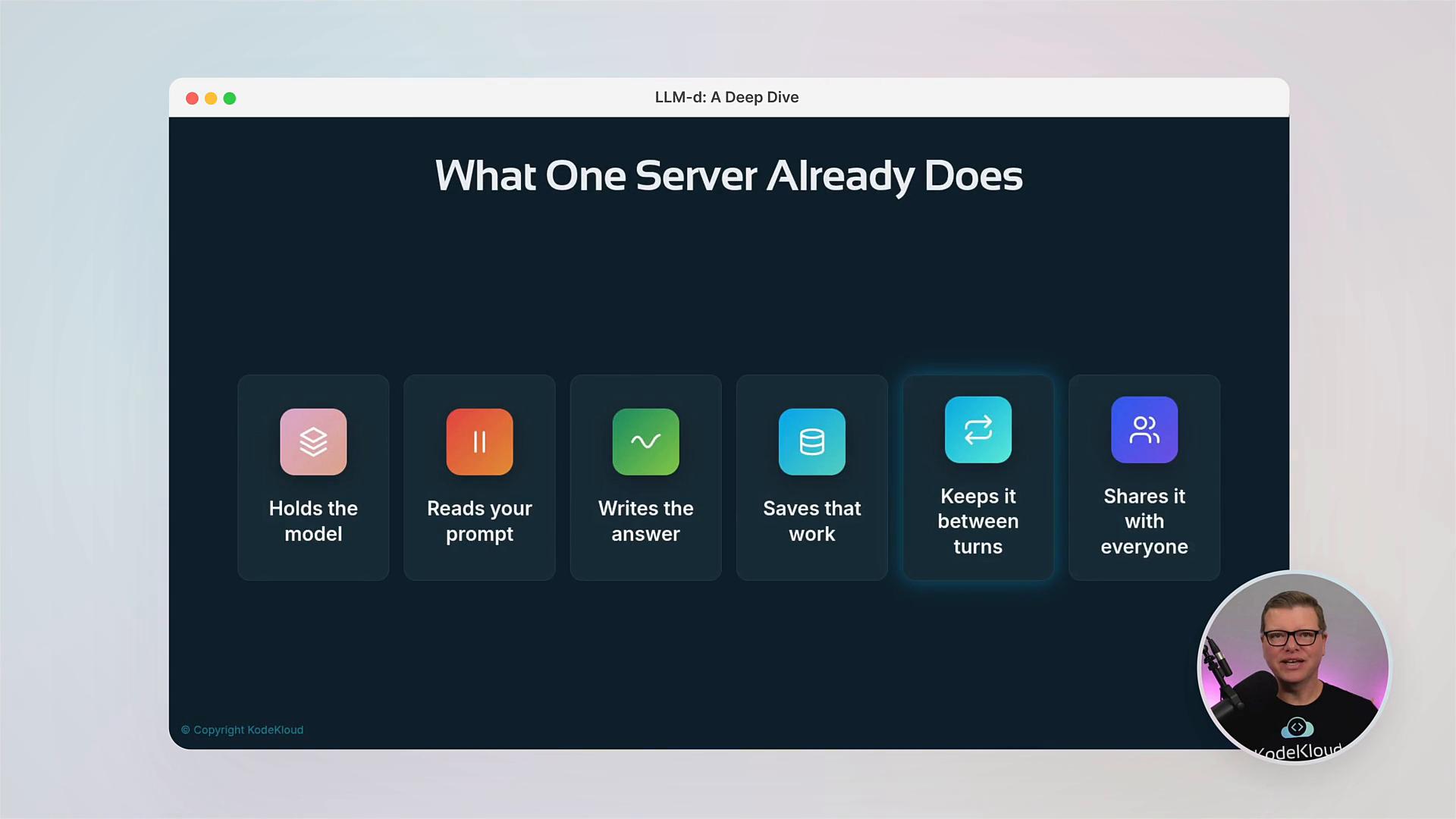 A presentation slide titled "What One Server Already Does" showing six icon tiles with labels like "Holds the model," "Reads your prompt," "Writes the answer," "Saves that work," "Keeps it between turns," and "Shares it with everyone." A small circular video inset of a presenter appears in the lower-right corner.