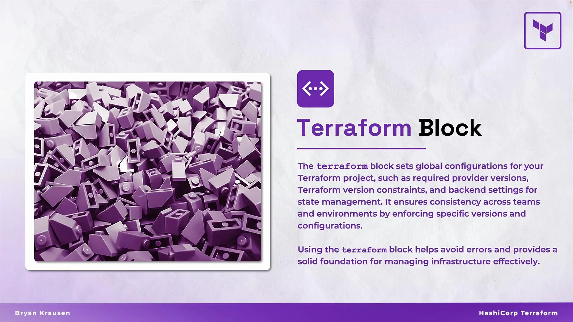 The image features a pile of purple Lego-like blocks on the left and text on the right explaining the concept of a "Terraform Block" and its importance for setting global configurations in Terraform projects.