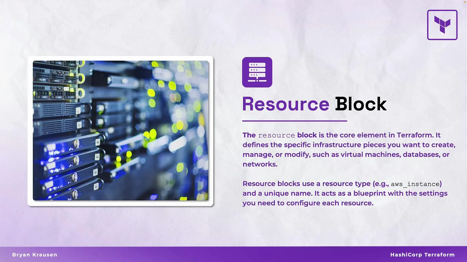 The image includes a photograph of a server room with text explaining the concept of a "Resource Block" in Terraform, detailing its use for defining infrastructure pieces like virtual machines and databases.