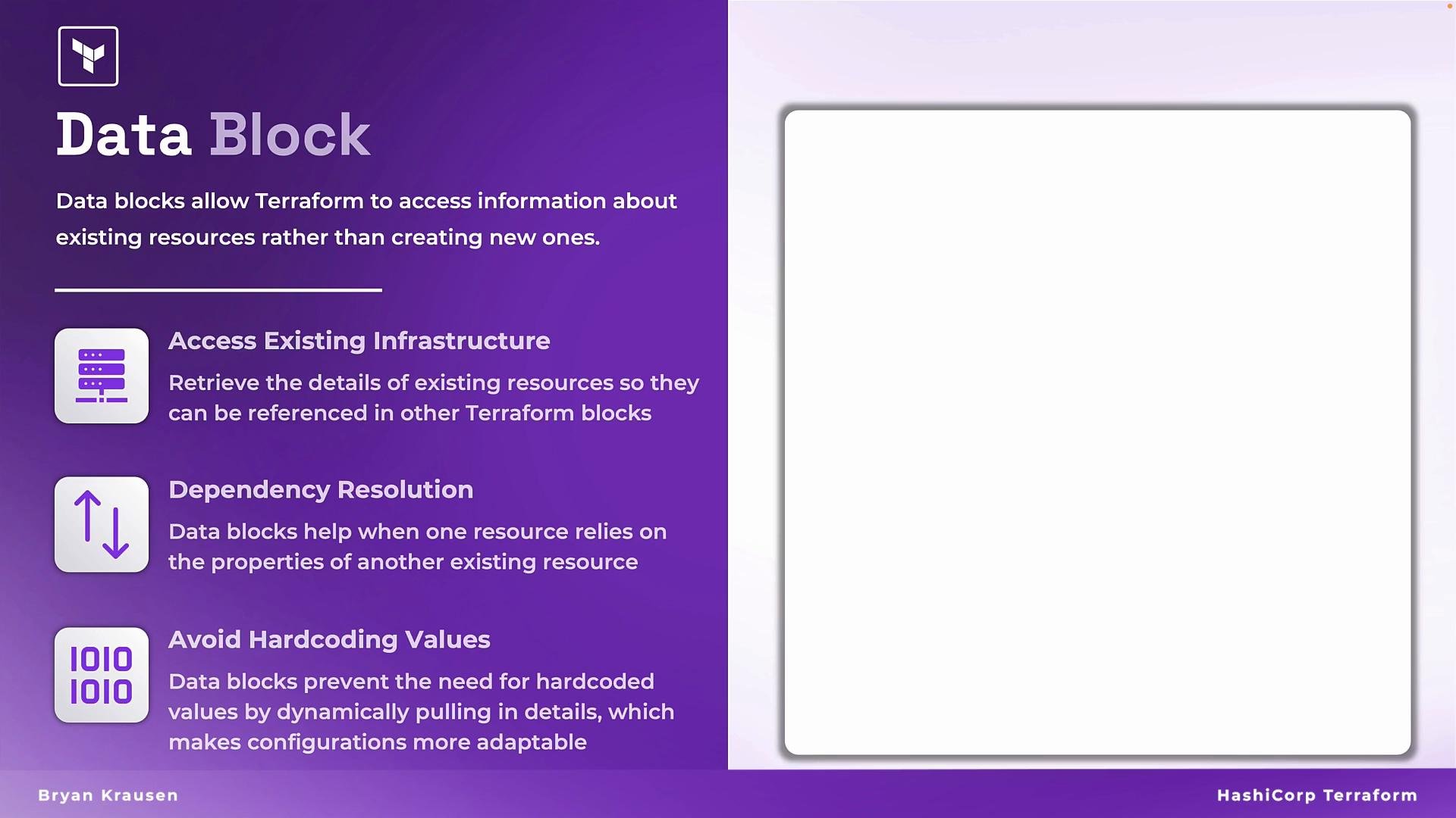 The image is an informative graphic about Terraform's "Data Block," explaining its purpose in accessing existing resources, resolving dependencies, and avoiding hardcoding values. It features icons and text on a purple background with a blank space to the right.