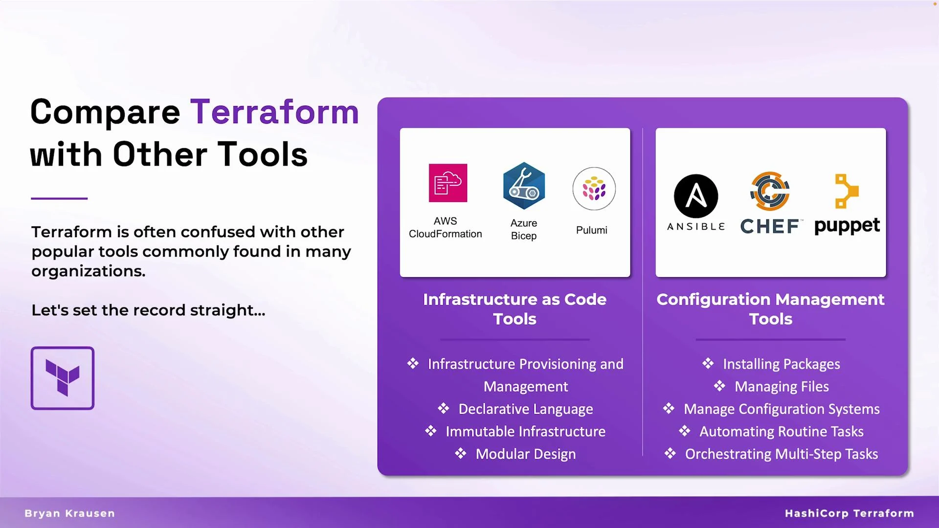 The image is a comparison between Terraform and other tools, divided into "Infrastructure as Code Tools" (AWS CloudFormation, Azure Bicep, Pulumi) and "Configuration Management Tools" (Ansible, Chef, Puppet), highlighting their features and uses.