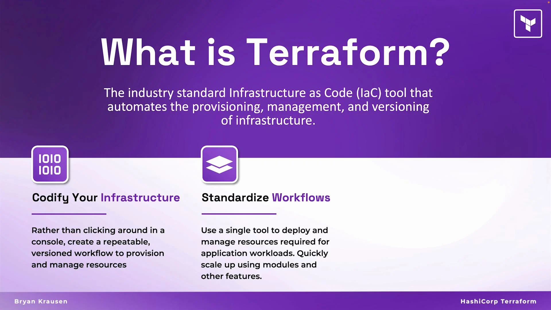 The image explains Terraform as an industry-standard Infrastructure as Code (IaC) tool that automates provisioning, management, and versioning of infrastructure. It highlights benefits such as codifying infrastructure and standardizing workflows.