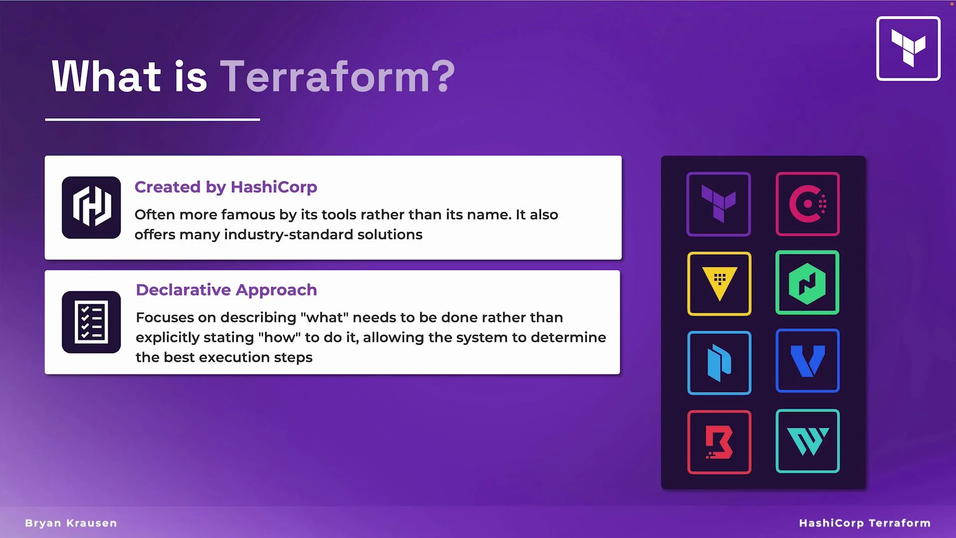 The image provides a brief introduction to Terraform, mentioning its creation by HashiCorp and its use of a declarative approach. It also displays various logos of HashiCorp tools.