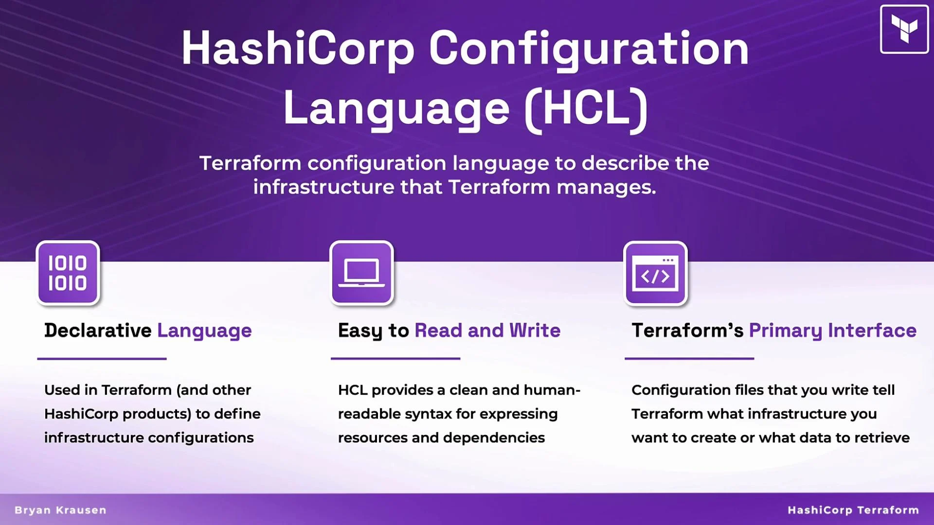 The image provides an overview of HashiCorp Configuration Language (HCL), highlighting its features such as being a declarative language, easy to read and write, and serving as Terraform’s primary interface.