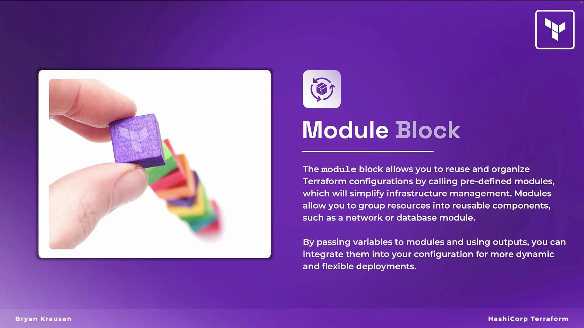 The image is a promotional graphic for HashiCorp Terraform, featuring a hand holding a purple block. The text describes the "Module Block" feature, explaining how it helps organize Terraform configurations.