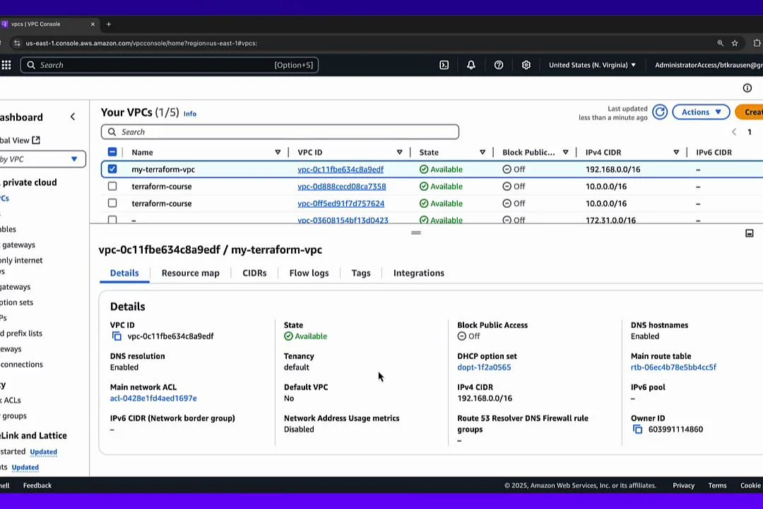 The image shows an AWS VPC console displaying a list of Virtual Private Clouds (VPCs), with selected details for one VPC named "my-terraform-vpc" highlighted, indicating it is available.