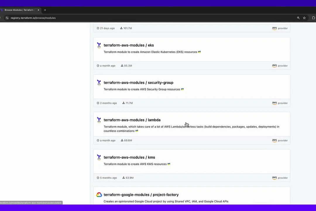 The image displays a webpage from the Terraform Registry showcasing various Terraform AWS modules, such as those for EKS, security groups, Lambda, and KMS. Each module listing includes the name, description, and usage statistics.