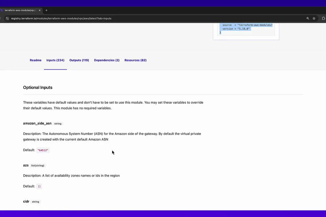 The image shows a webpage from the Terraform AWS Modules registry, specifically detailing optional inputs for an AWS VPC module. It includes descriptions and default values for variables like amazon_side_asn and azs.