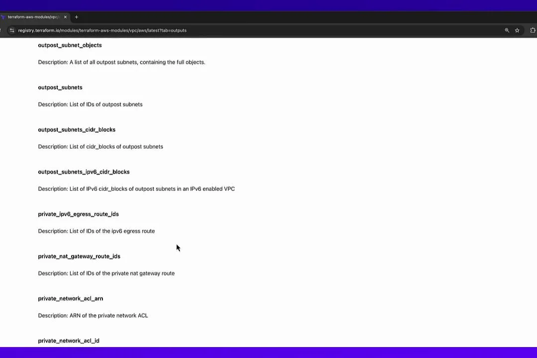 The image shows a webpage from the Terraform AWS modules registry, specifically detailing various output parameters related to VPC modules, such as outpost subnets and private route IDs.