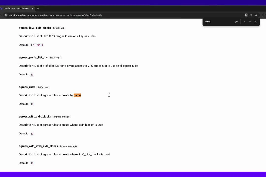 The image displays a section of the Terraform AWS security group documentation, listing egress rule inputs with descriptions and default values. It includes terms like egress_ipv6_cidr_blocks, egress_prefix_list_ids, and egress_rules.