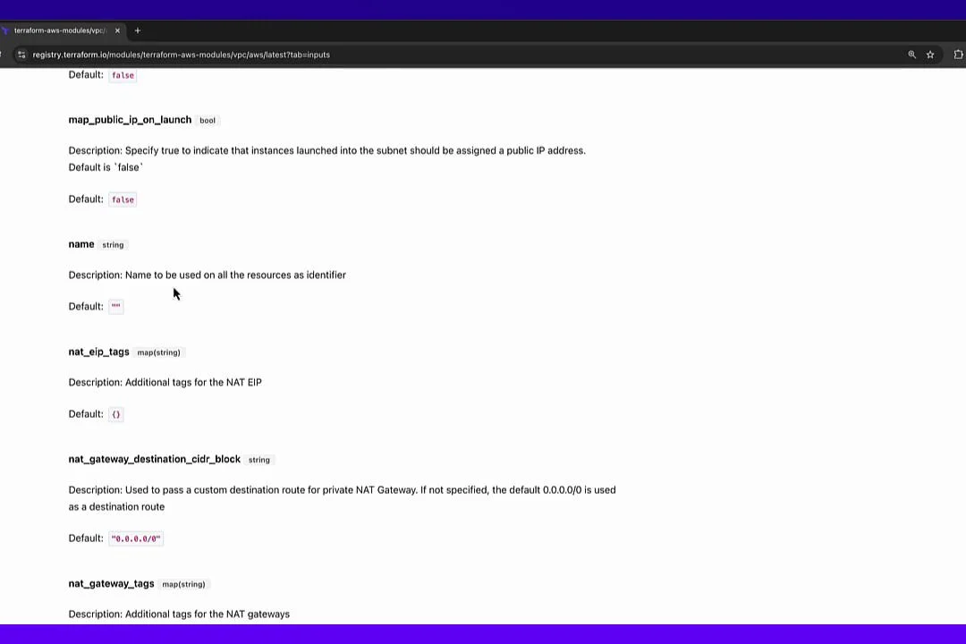 The image shows a webpage from the Terraform AWS modules registry, detailing inputs for a Virtual Private Cloud (VPC) module, including default settings for IP configurations and tags.