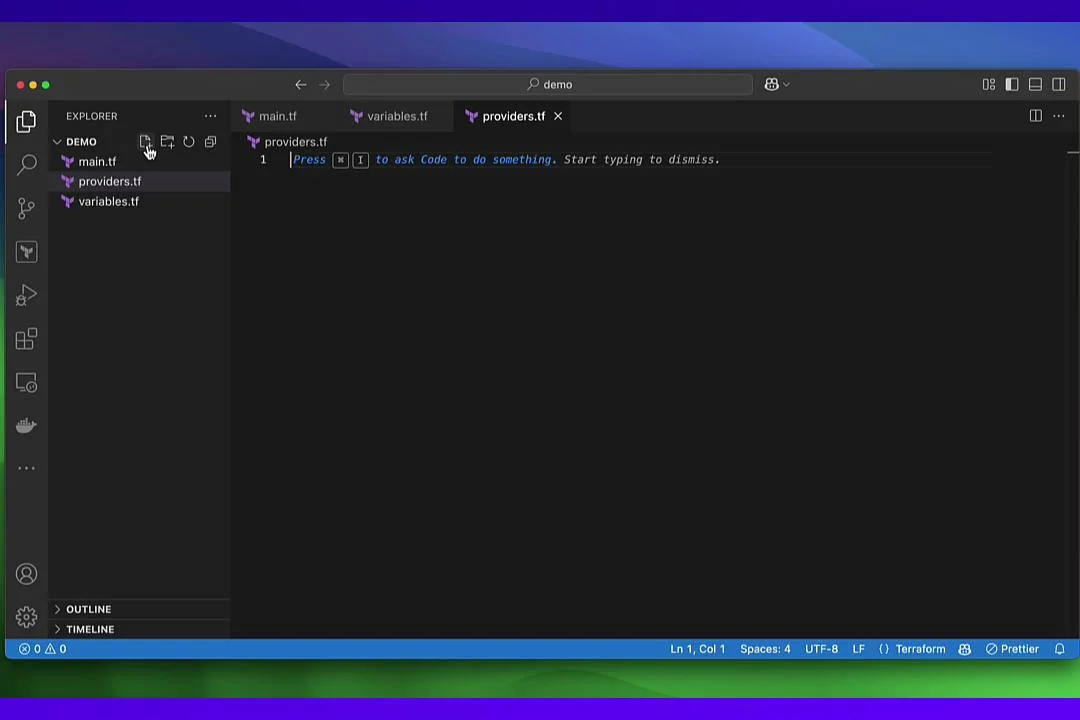 The image shows a Visual Studio Code window with a Terraform project open, displaying files like main.tf, variables.tf, and providers.tf. The editor area is open with a suggestion prompt visible.