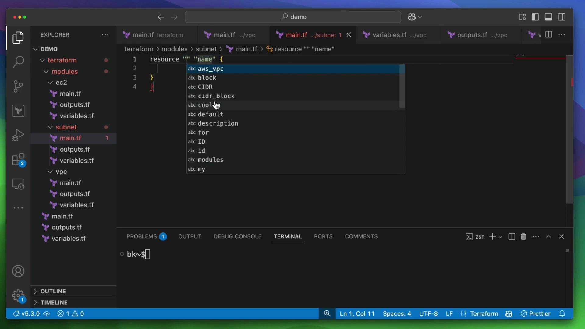 The image shows a code editor with a Terraform script being edited, displaying an autocomplete suggestion for resource configuration. The explorer pane on the left shows a directory structure with Terraform files.