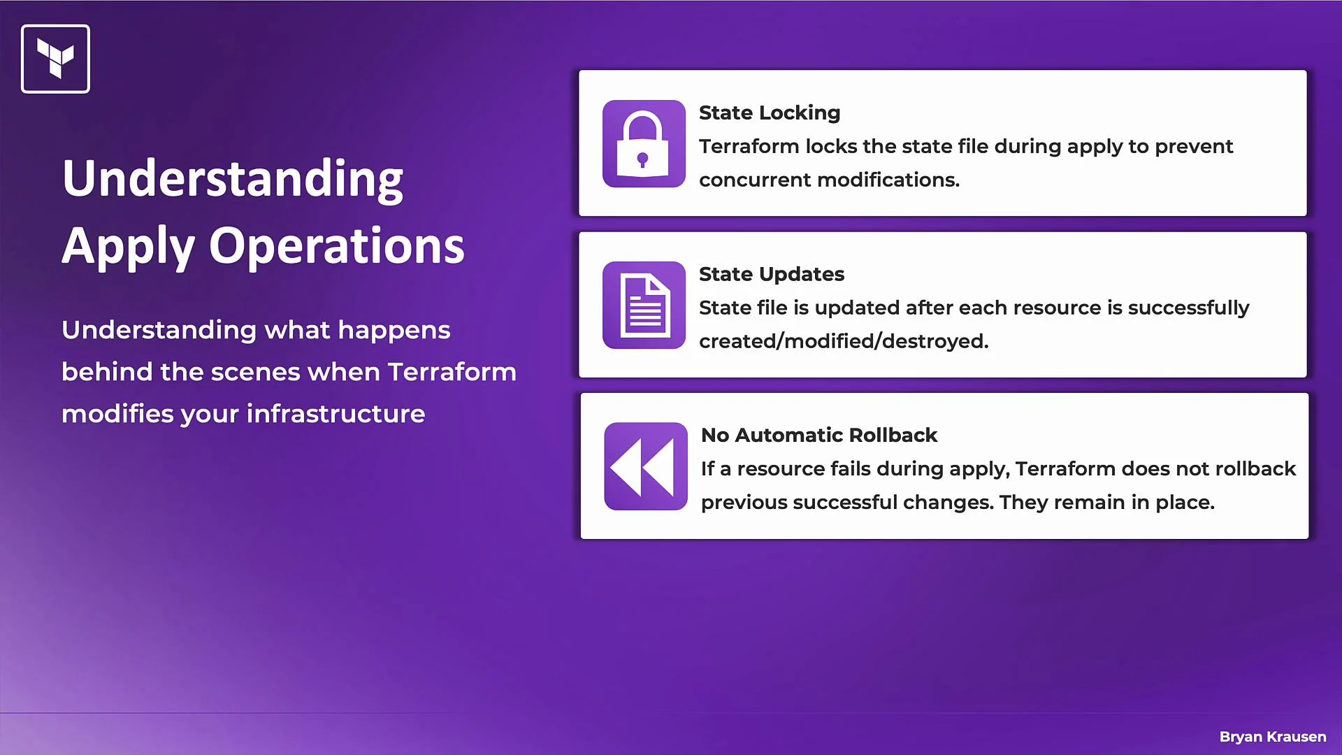 The image provides an overview of Terraform apply operations, explaining state locking, state updates, and the absence of automatic rollback when applying changes to infrastructure.