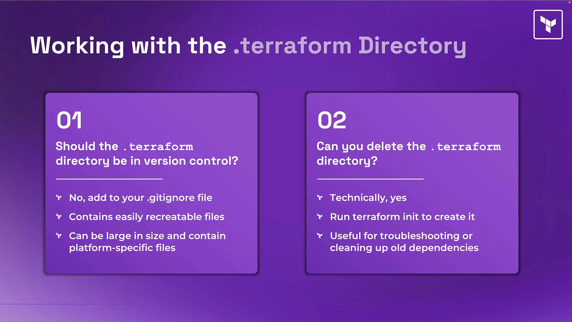 The image provides guidance on handling the .terraform directory, advising not to include it in version control and noting it can be deleted and recreated with terraform init.