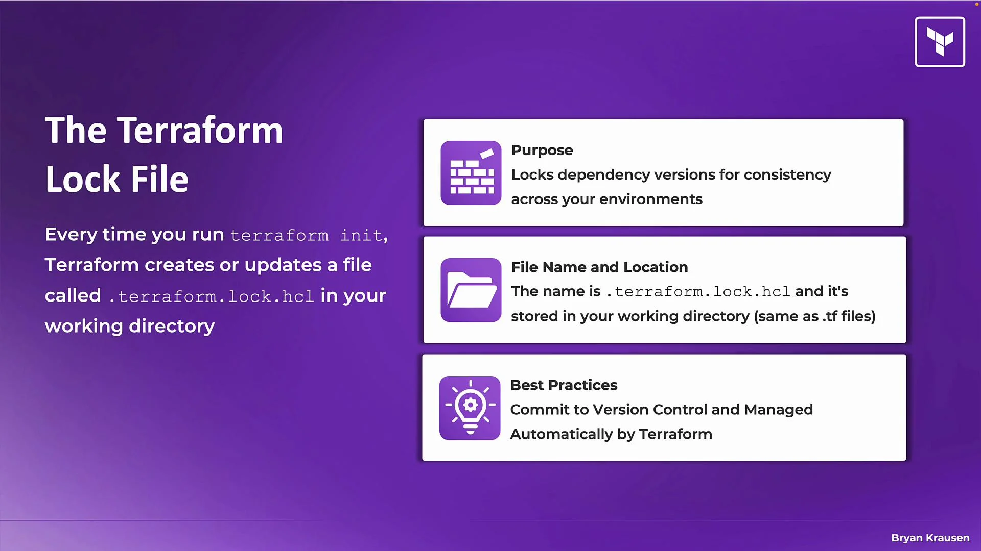 The image explains the Terraform lock file, highlighting its creation during terraform init, its purpose for locking dependency versions, its storage location, and best practices for version control.