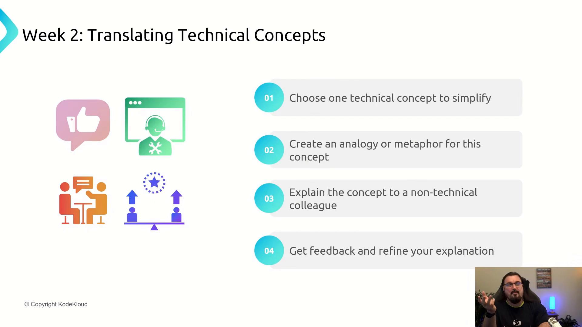 A presentation slide titled "Week 2: Translating Technical Concepts" showing four steps for simplifying technical ideas (choose a concept, create an analogy, explain to a non-technical colleague, get feedback) with colorful icons on the left. A small webcam view of the presenter appears in the bottom-right.