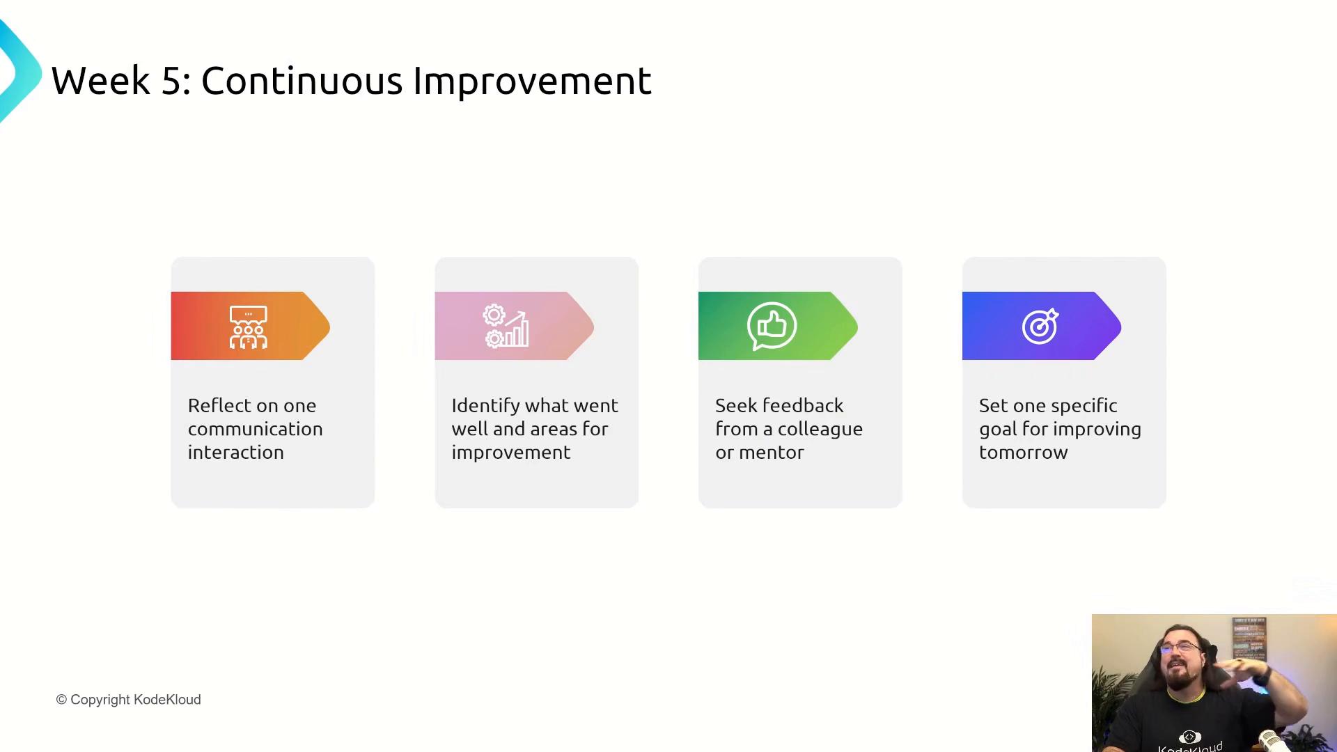 A presentation slide titled "Week 5: Continuous Improvement" showing four colorful panels with steps: reflect on one communication interaction; identify what went well and areas for improvement; seek feedback from a colleague or mentor; and set one specific goal for improving tomorrow. A small webcam video of a person appears in the bottom-right corner.