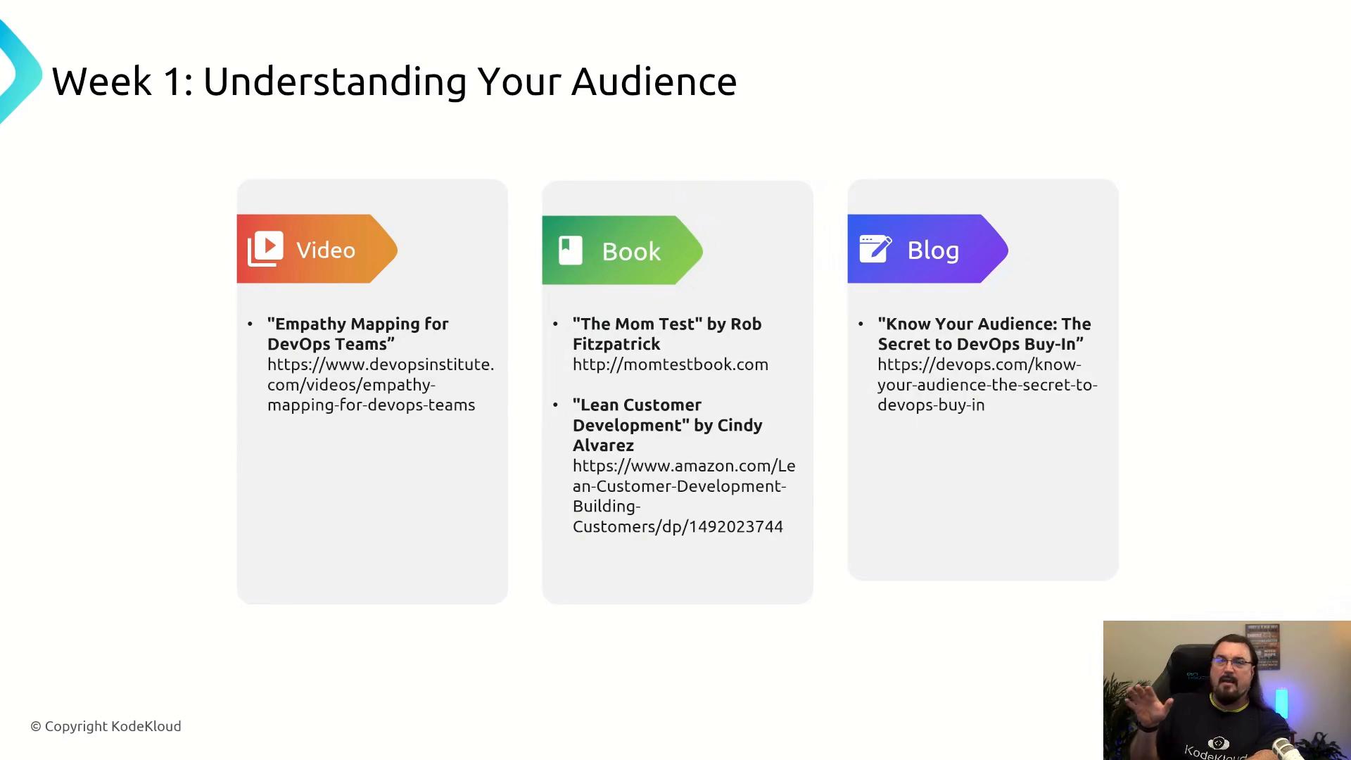 A slide titled "Week 1: Understanding Your Audience" showing three resource cards labeled Video, Book, and Blog with recommended links and titles. A small video feed of a presenter appears in the bottom-right corner.
