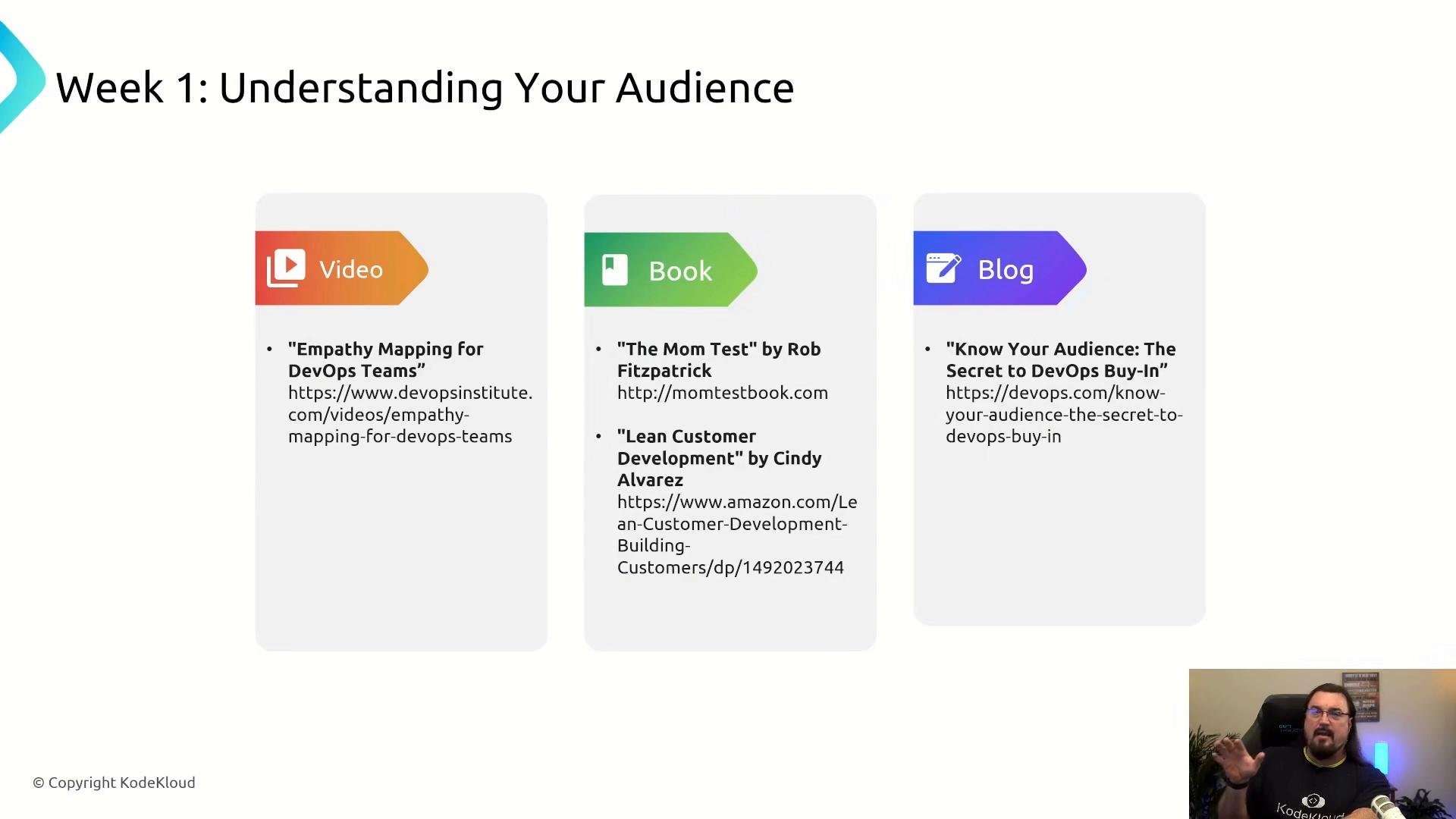 A slide titled "Week 1: Understanding Your Audience" showing three resource cards labeled Video, Book, and Blog with recommended links and titles. A small video feed of a presenter appears in the bottom-right corner.