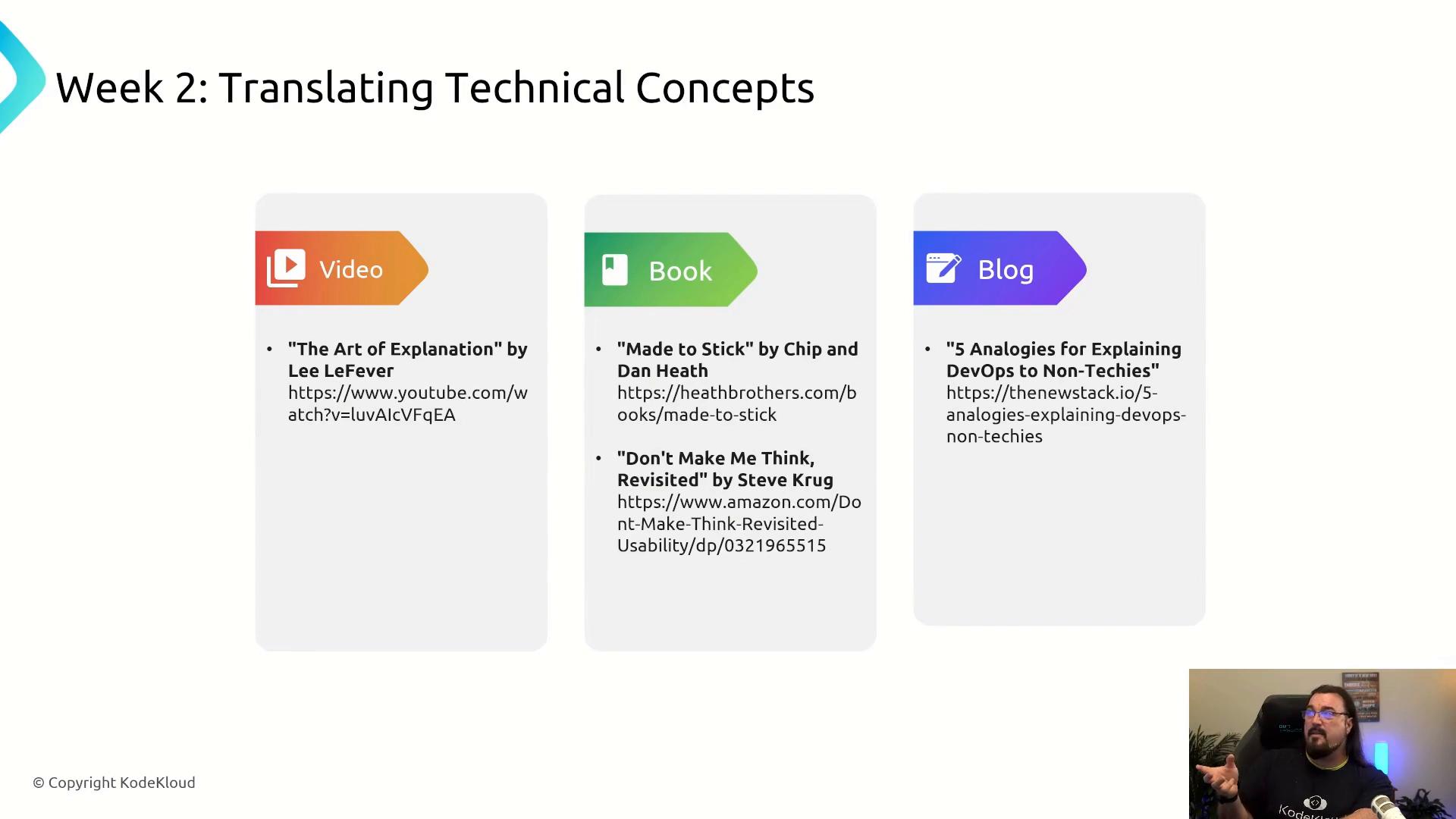 A presentation slide titled "Week 2: Translating Technical Concepts" showing three resource cards (Video, Book, Blog) with recommended titles and links. A small live video feed of the instructor appears in the bottom-right corner.