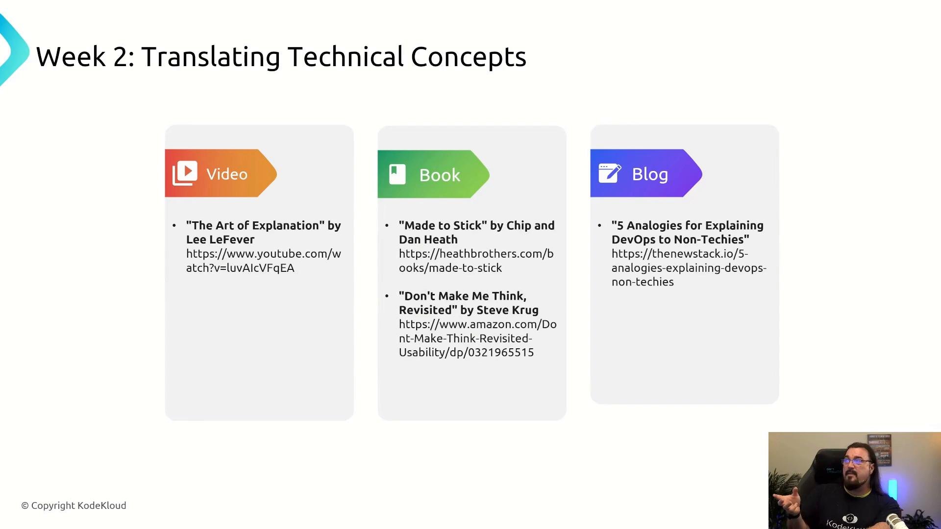 A presentation slide titled "Week 2: Translating Technical Concepts" showing three resource cards (Video, Book, Blog) with recommended titles and links. A small live video feed of the instructor appears in the bottom-right corner.