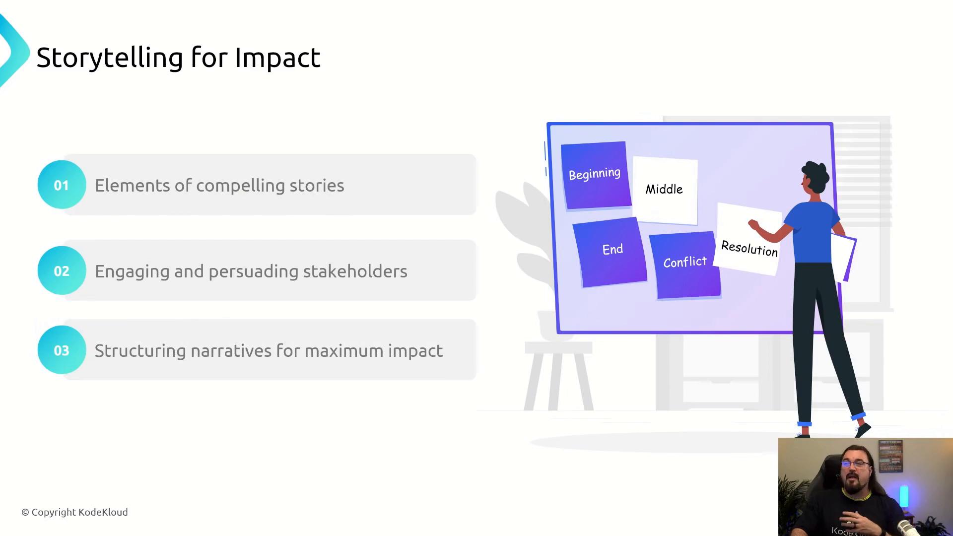 A presentation slide titled "Storytelling for Impact" with three numbered topics listed on the left and an illustration of a person arranging sticky notes labeled Beginning, Middle, Conflict, End, and Resolution on a board. A small webcam feed of a presenter appears in the bottom-right corner.