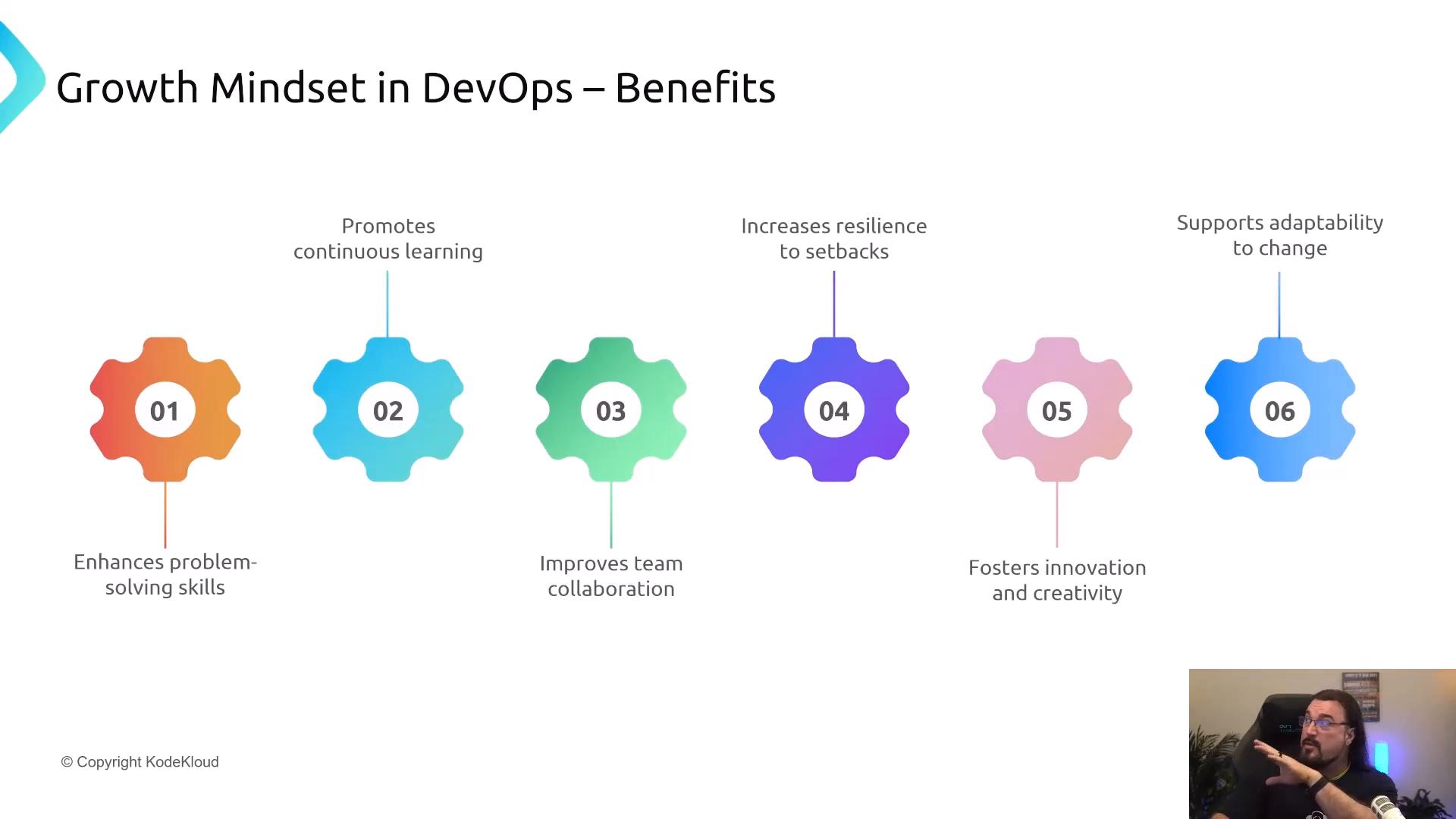A presentation slide titled "Growth Mindset in DevOps – Benefits" showing six colorful gear icons numbered 01–06, each with a benefit (enhances problem‑solving, promotes continuous learning, improves team collaboration, increases resilience, fosters innovation, supports adaptability). A small video thumbnail of a presenter appears in the bottom-right.