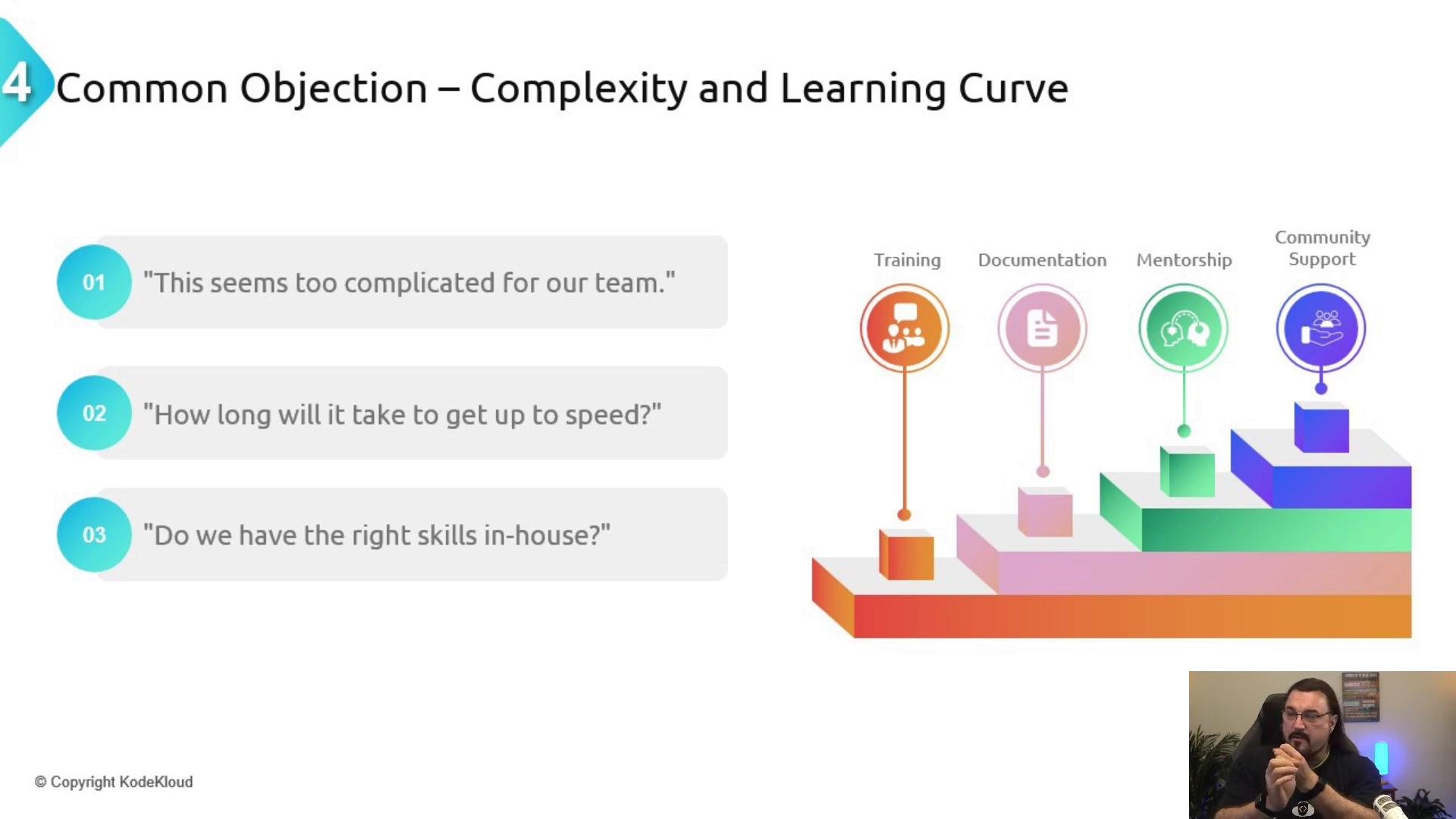 A presentation slide titled "Common Objection — Complexity and Learning Curve" listing three team concerns (too complicated, time to ramp up, in-house skills) alongside a colorful stepped graphic showing Training, Documentation, Mentorship, and Community Support, with a small presenter webcam in the bottom-right.
