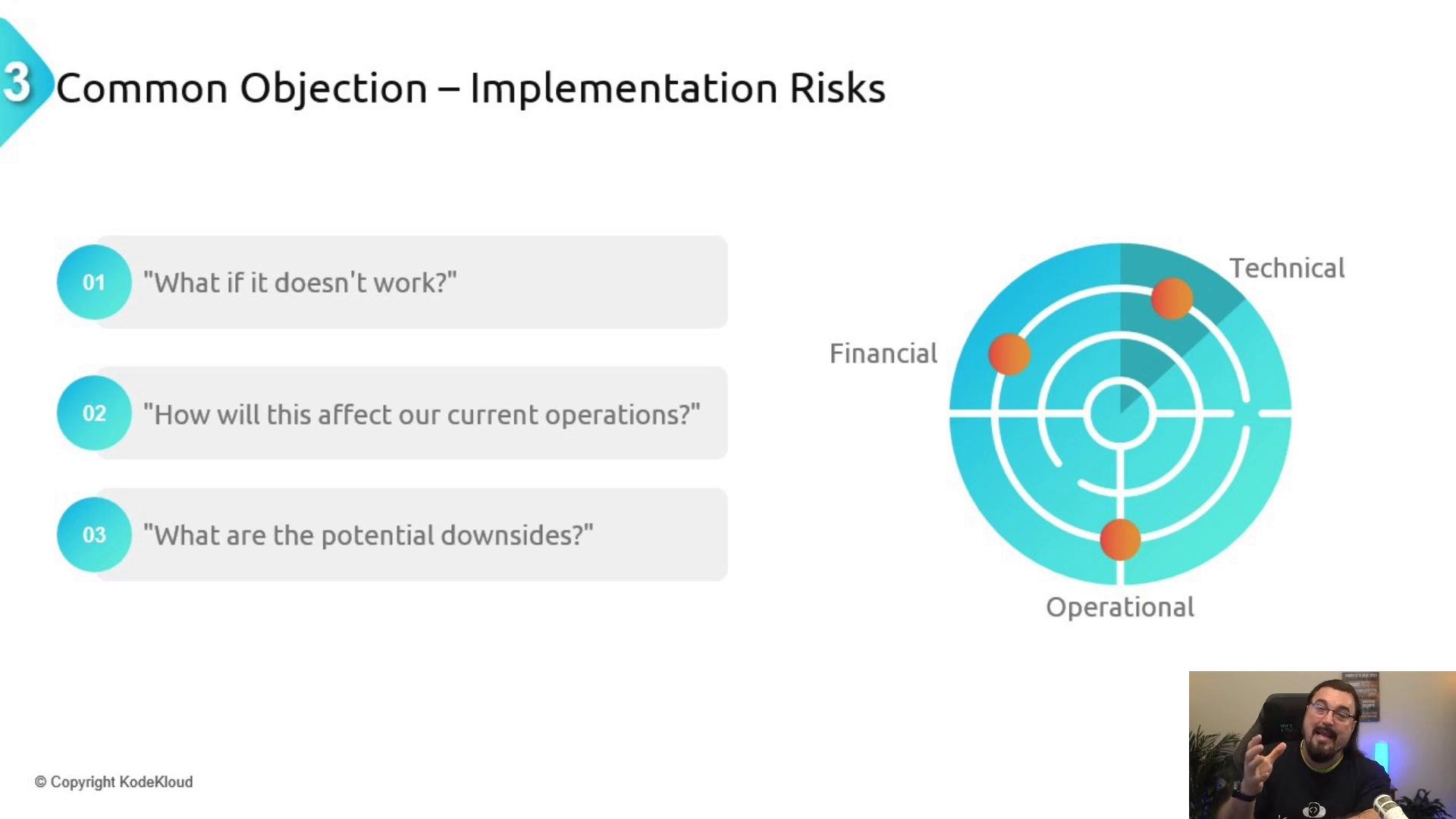 A presentation slide titled "Common Objection – Implementation Risks" lists three concern questions on the left and shows a radar-style risk diagram labeled Technical, Financial, and Operational on the right. A small presenter video thumbnail appears in the bottom-right.