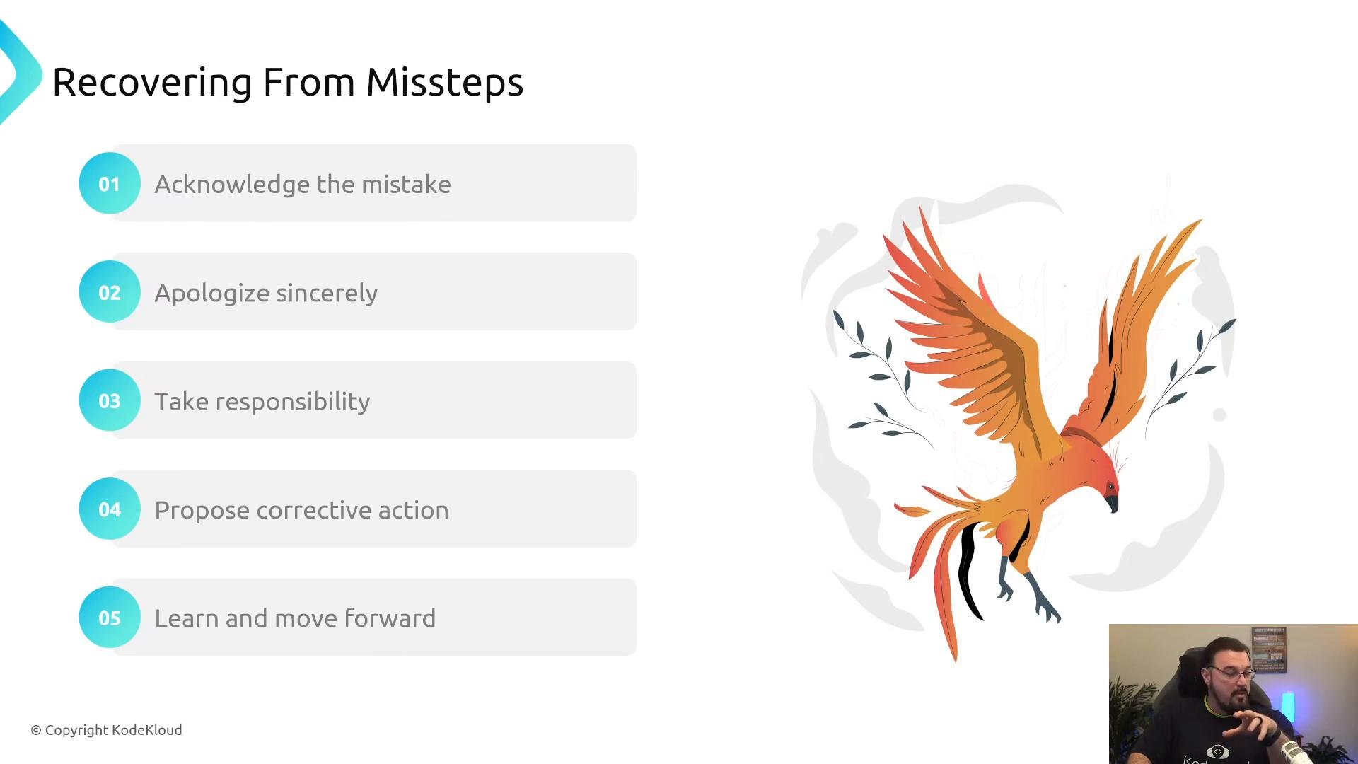 A presentation slide titled "Recovering From Missteps" showing five numbered steps (acknowledge the mistake, apologize sincerely, take responsibility, propose corrective action, learn and move forward). To the right is an orange bird illustration and a small webcam video of a speaker in the lower-right corner.