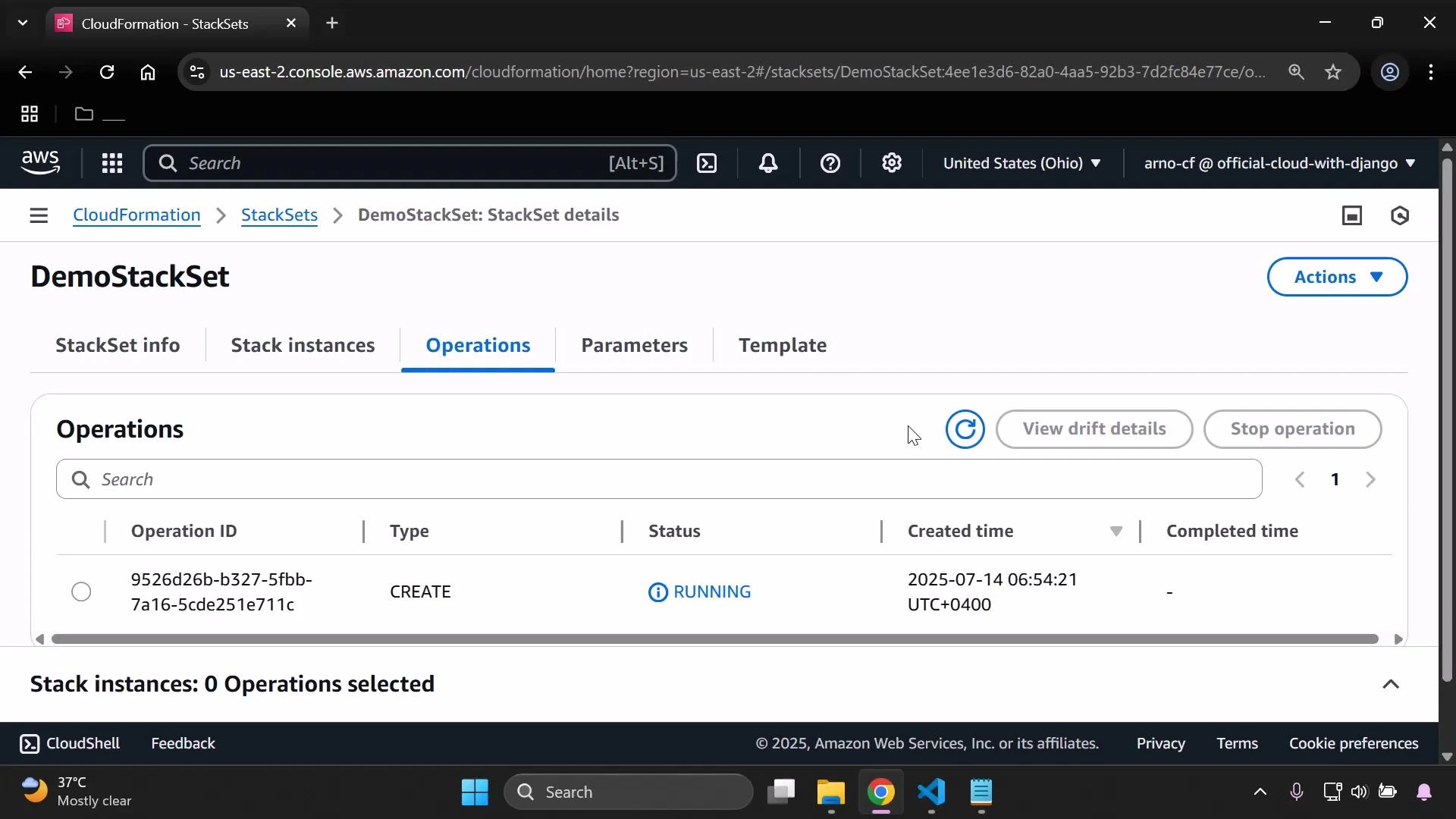 A screenshot of the AWS CloudFormation StackSets console showing the "DemoStackSet" Operations tab. It lists a CREATE operation marked RUNNING with its operation ID and created timestamp.