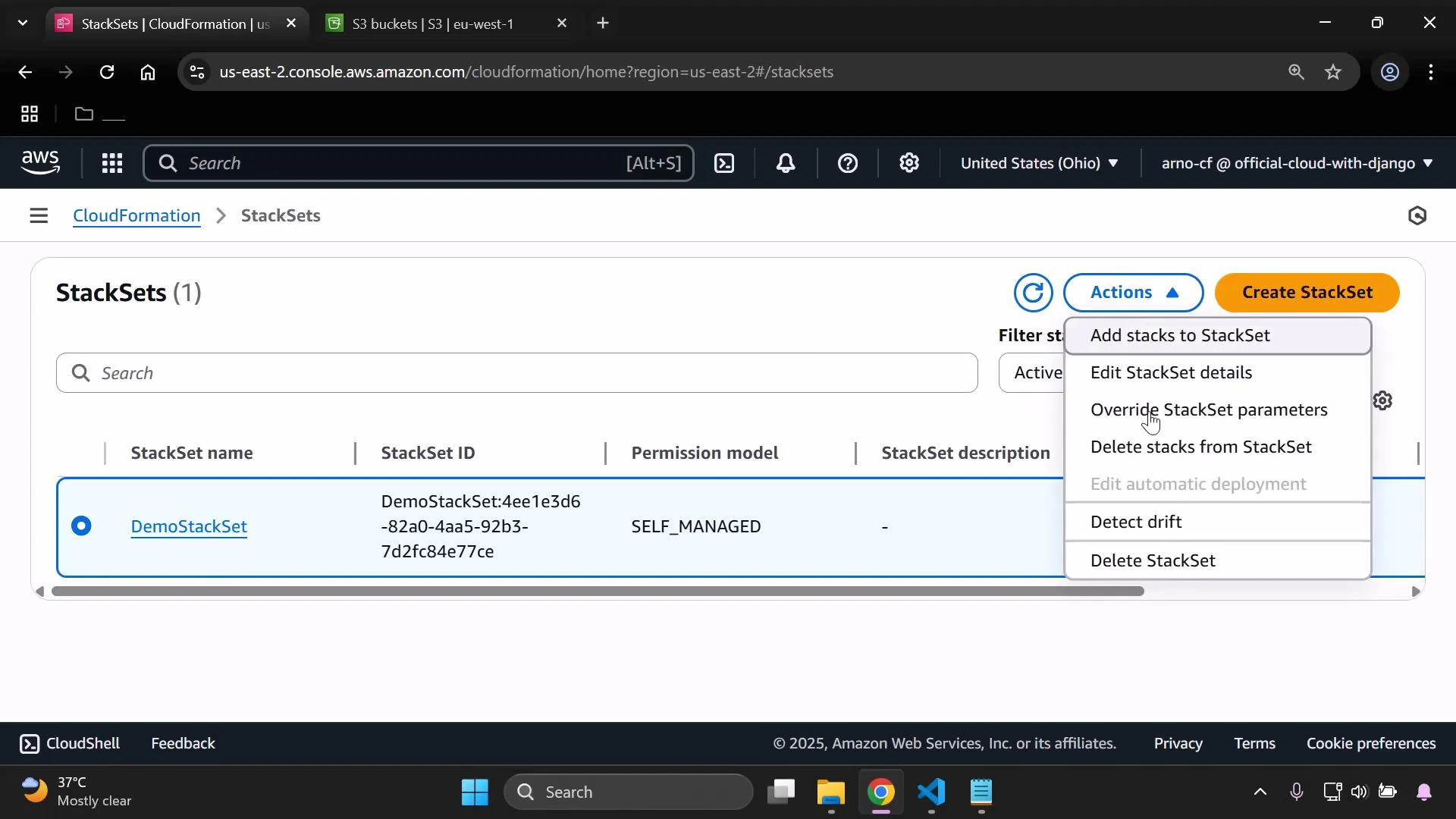 A screenshot of the AWS CloudFormation StackSets console showing one stack set named "DemoStackSet" (SELF_MANAGED) with the Actions menu open listing options like Add stacks, Edit details, Override parameters, Detect drift, and Delete.
