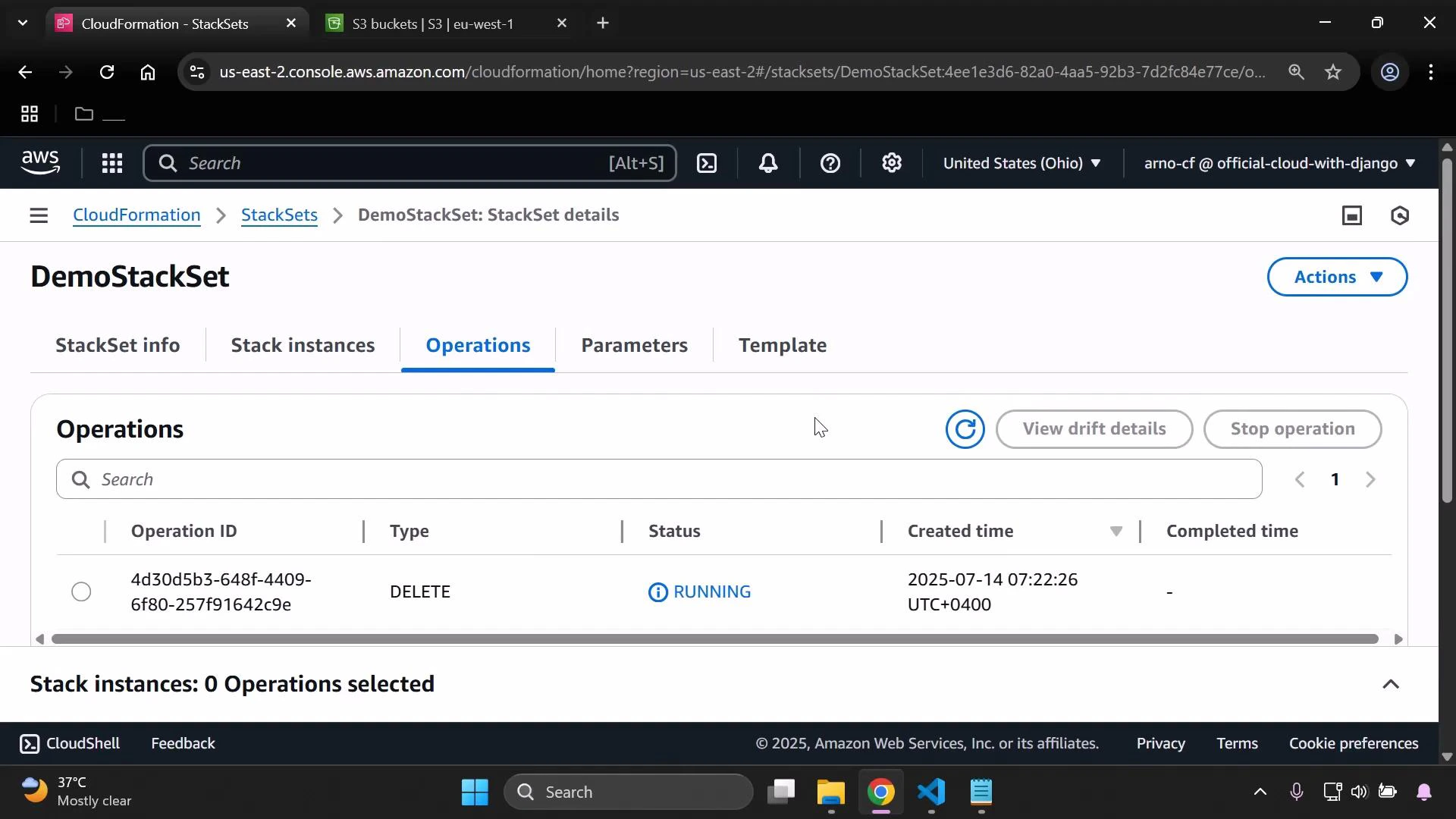 A screenshot of the AWS CloudFormation StackSets console on the "DemoStackSet" Operations tab showing a DELETE operation with status "RUNNING," its operation ID, and created time. The UI also displays tabs for StackSet info, Stack instances, Parameters, Template, and an Actions button.