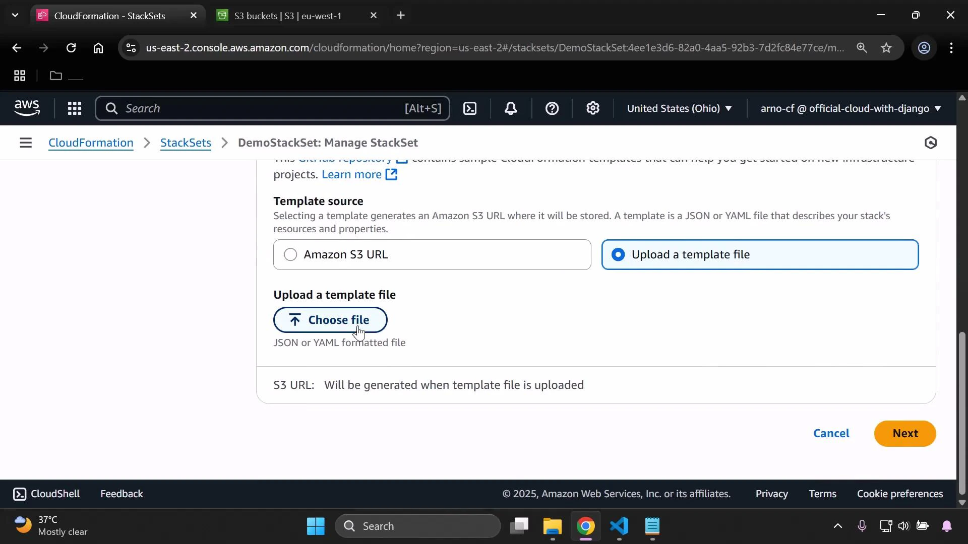 A screenshot of the AWS CloudFormation StackSets "Manage StackSet" page showing the Template source options with "Upload a template file" selected and a highlighted "Choose file" button. The page footer shows "Cancel" and an orange "Next" button, with the browser window and taskbar visible.
