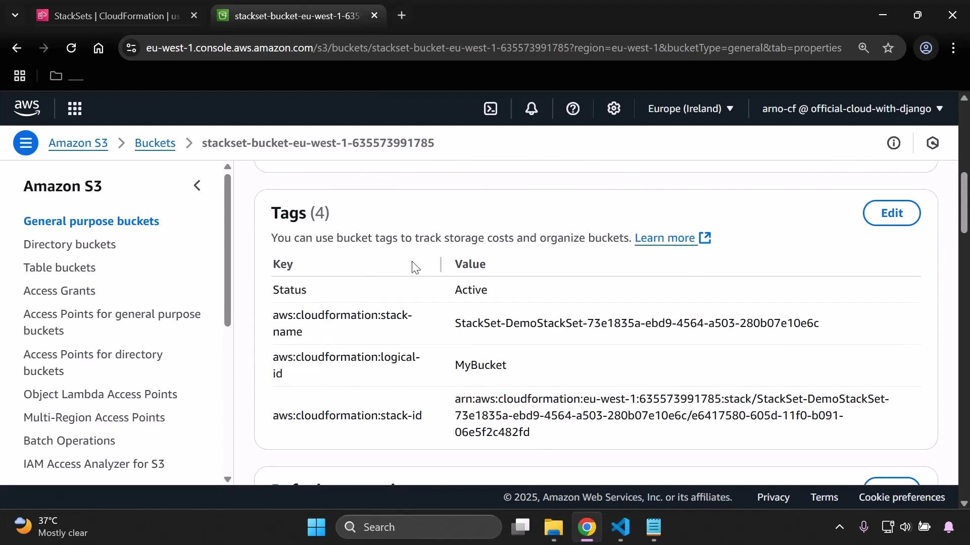 Screenshot of the Amazon S3 console showing the Tags panel for a bucket. It lists four tags, including Status: Active, aws:cloudformation:logical-id (MyBucket), and a cloudformation stack-id ARN.