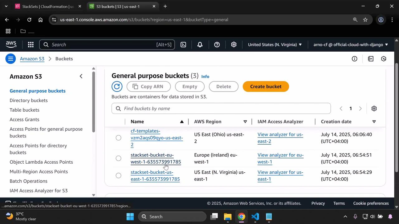 A screenshot of the Amazon S3 console showing the "General purpose buckets" view with a list of three S3 buckets, their AWS regions, IAM Access Analyzer links, and creation dates, plus a "Create bucket" button.