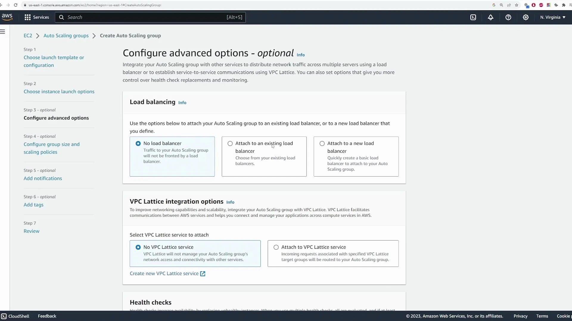 A screenshot of the AWS EC2 console on the "Create Auto Scaling group" page showing the "Configure advanced options" section, including Load balancing and VPC Lattice integration options. The left pane shows the step-by-step wizard and the main area displays radio-button choices for no load balancer, attaching to an existing or new load balancer, and VPC Lattice settings.