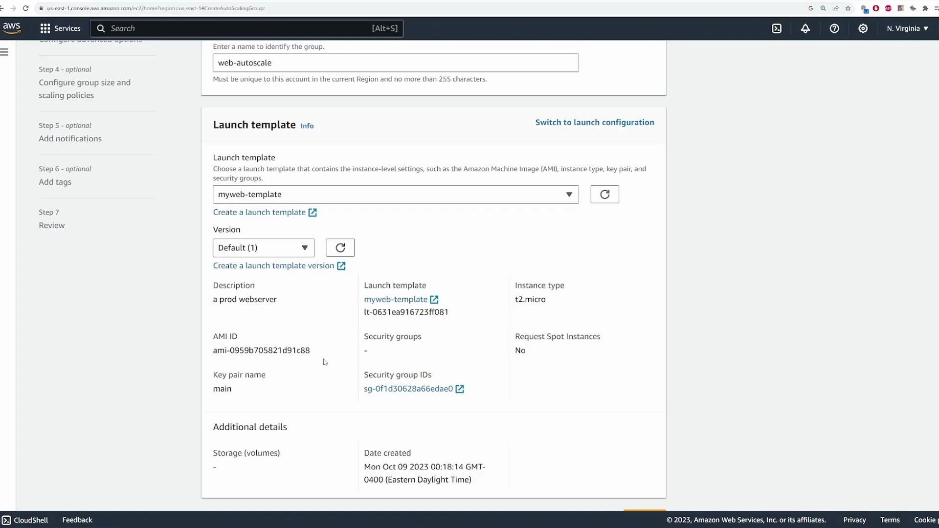 A screenshot of the AWS EC2 Auto Scaling Group creation page showing the "Launch template" section with "myweb-template" selected and details like instance type t2.micro, AMI ID, and key pair name. The left sidebar lists the setup steps and the console is in the us-east-1 region.