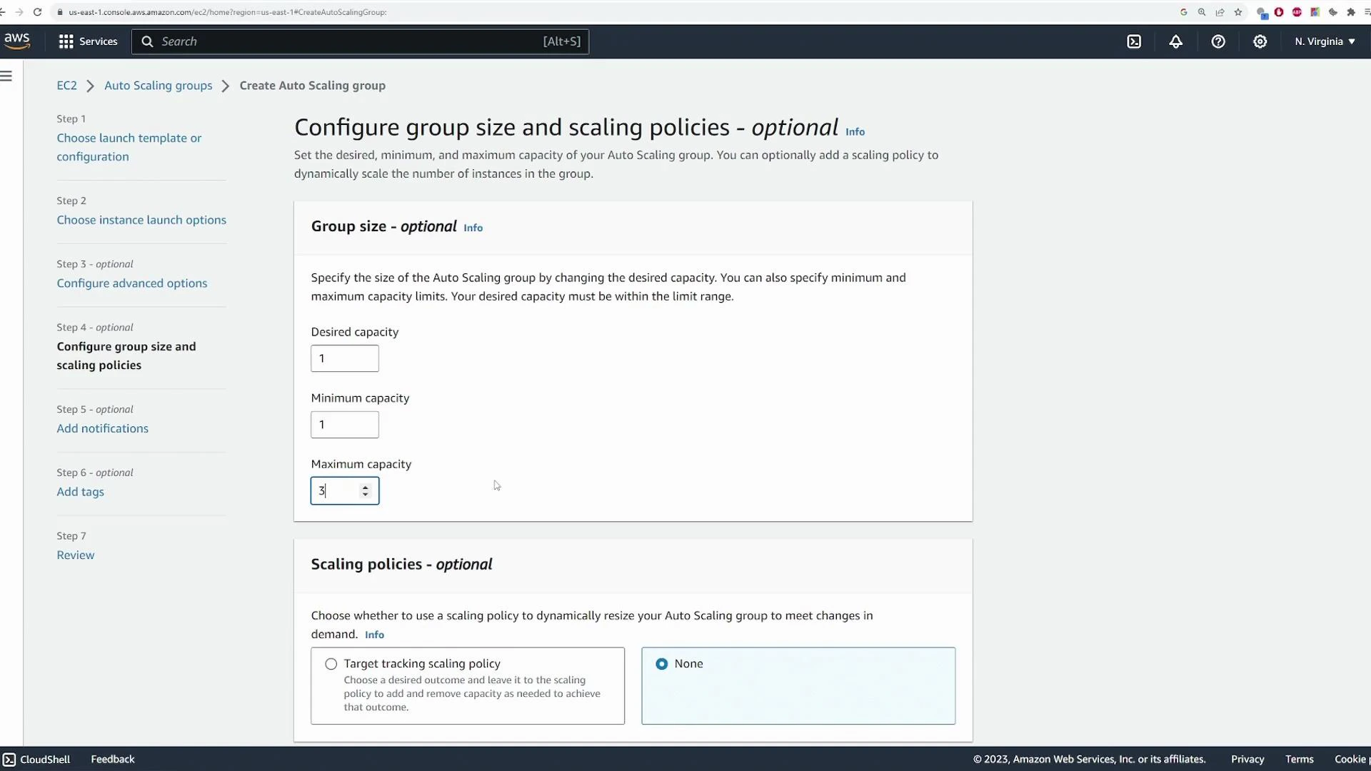 A screenshot of the AWS EC2 console on the "Create Auto Scaling group" page, showing the "Configure group size and scaling policies" step with fields for desired, minimum, and maximum capacity (set to 1, 1, and 3). The lower section shows optional scaling policy choices.
