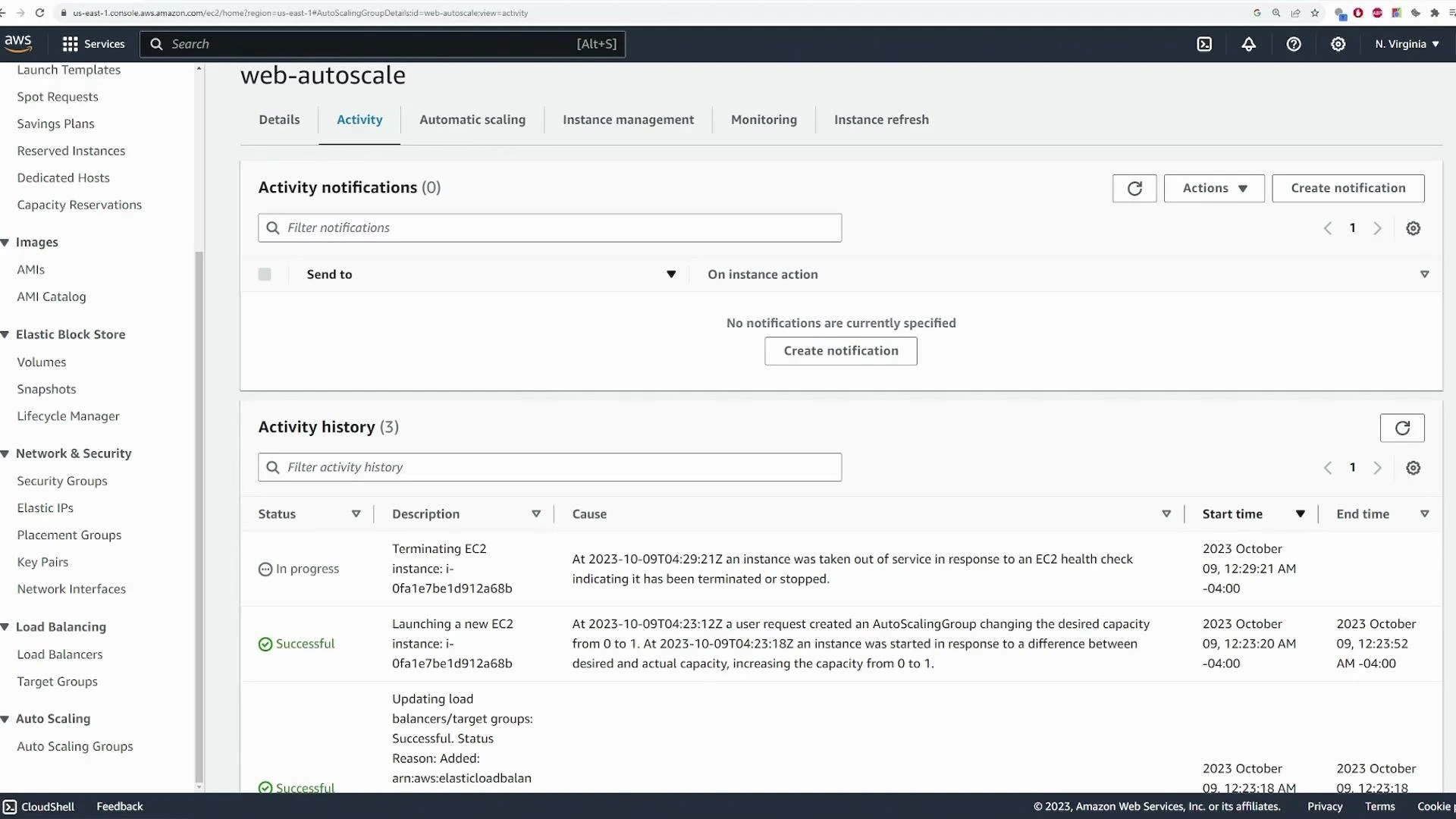 A screenshot of the AWS EC2 console showing the Auto Scaling group "web-autoscale" on the Activity tab. It shows no activity notifications and an activity history listing recent events like terminating and launching EC2 instances.