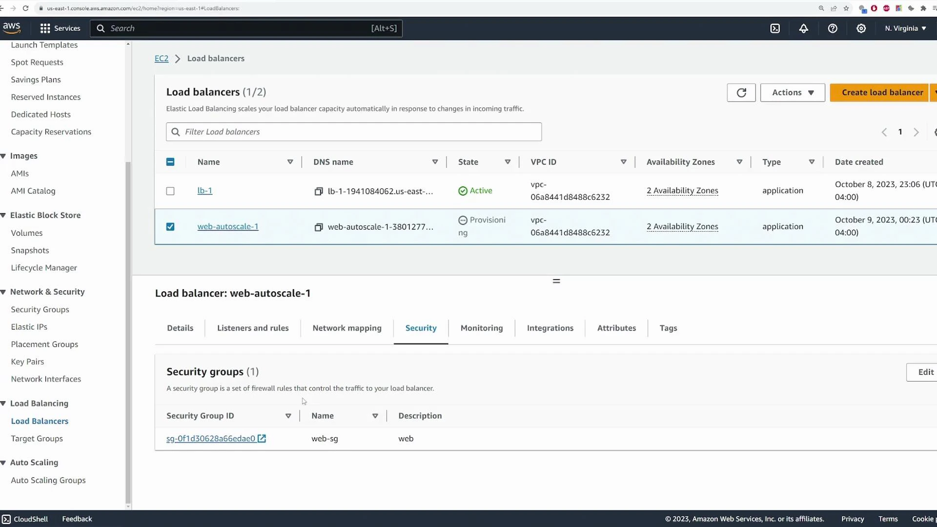 A screenshot of the AWS EC2 console showing the Load Balancers page with two load balancers listed and the details panel for "web-autoscale-1." The details view is on the Security tab, showing one security group (web-sg) attached to the load balancer.