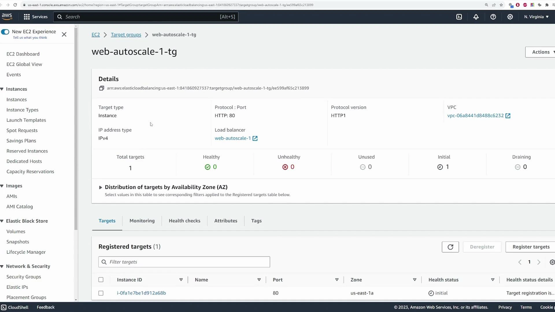 Screenshot of the AWS EC2 console on the Target Groups page for "web-autoscale-1-tg," showing details like target type (Instance), protocol HTTP:80, and VPC. The Registered targets section lists one instance (i-0fa1e7be1d912a68b) with health status "initial."
