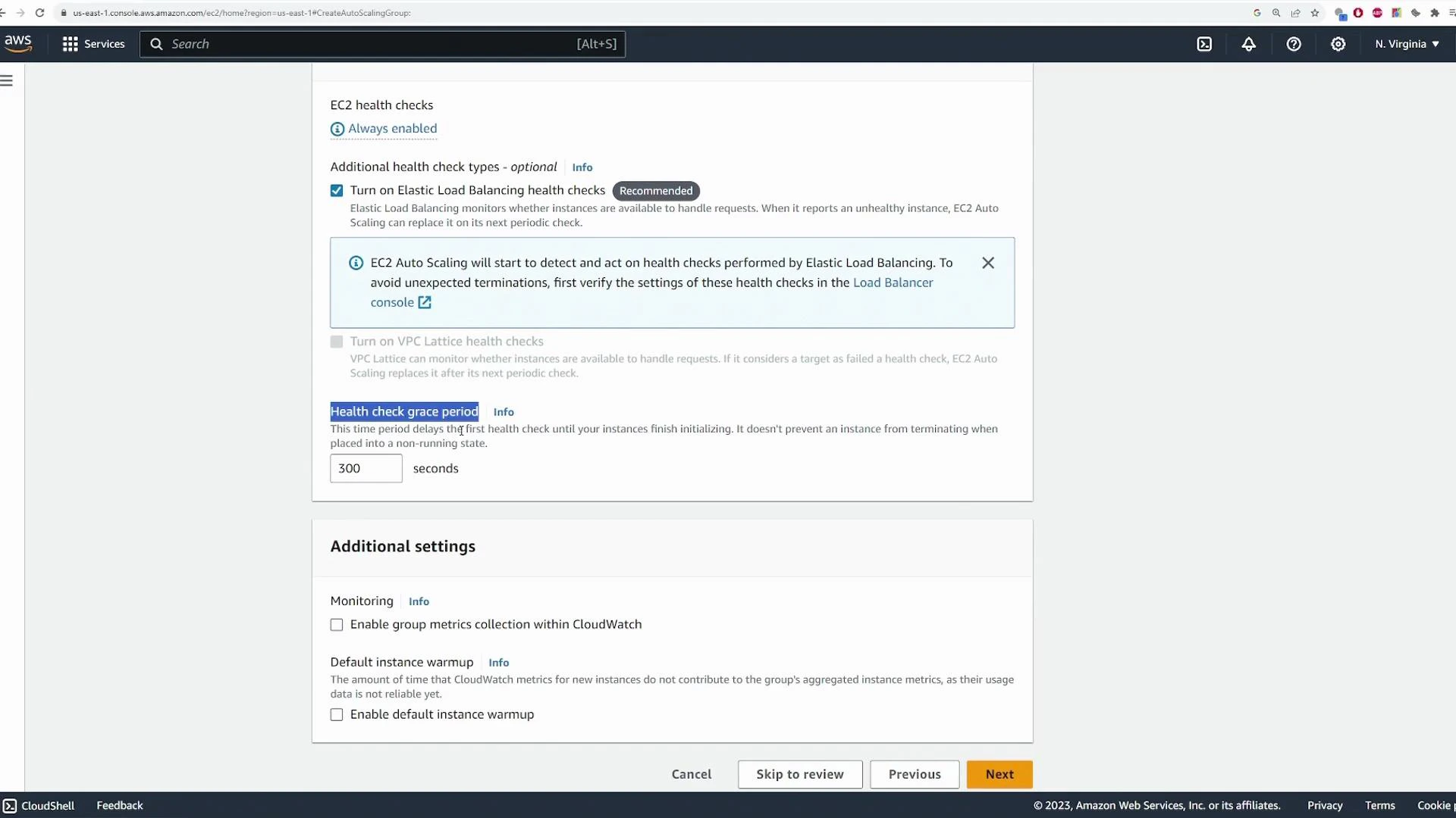 A screenshot of the AWS EC2 Auto Scaling "Create Auto Scaling Group" settings page showing health check options — Elastic Load Balancing health checks are enabled and the health check grace period is set to 300 seconds. The lower pane shows additional settings (monitoring and default instance warmup) with navigation buttons (Cancel, Skip to review, Previous, Next).